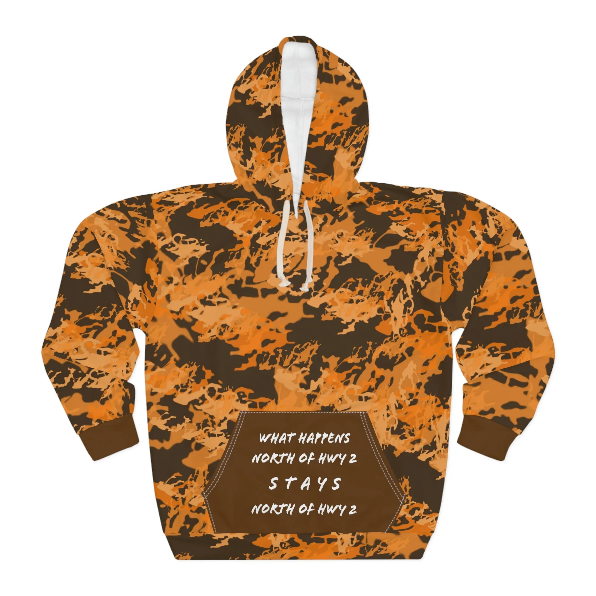 North of Hwy 2 - CUSTOM Vermilook® Dark Orange Camo - Brown Pocket - AOP Unisex Pullover Hoodie