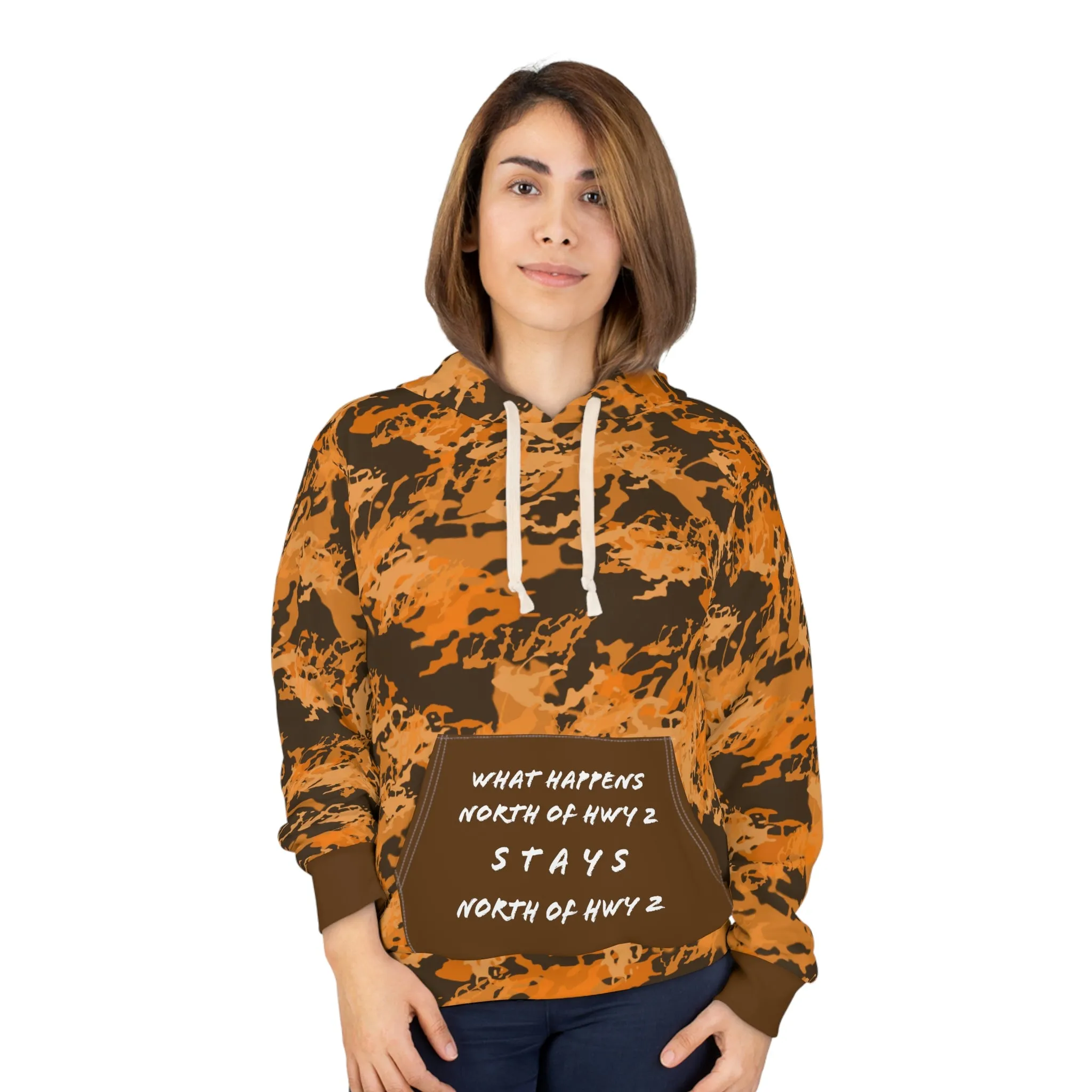 North of Hwy 2 - CUSTOM Vermilook® Dark Orange Camo - Brown Pocket - AOP Unisex Pullover Hoodie