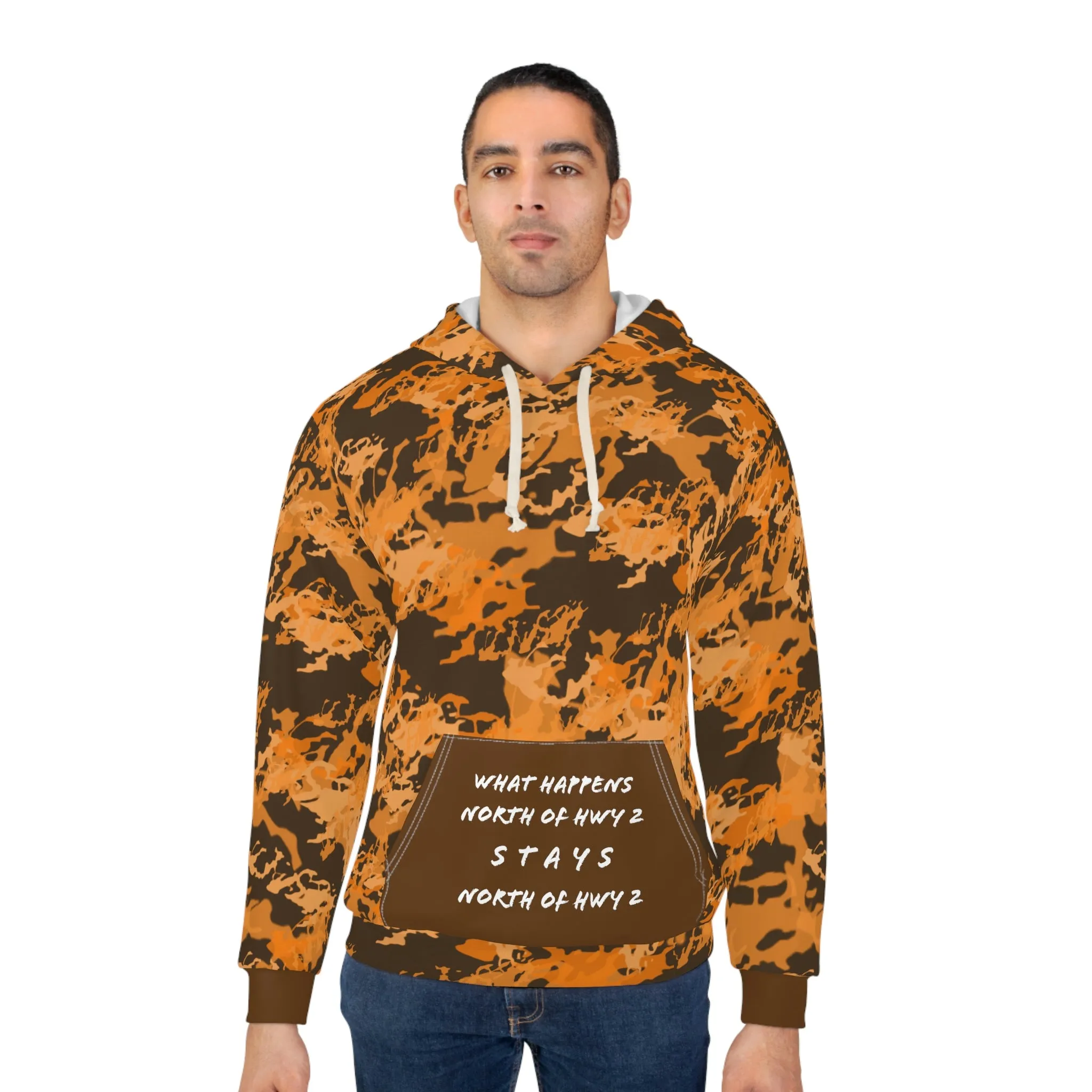 North of Hwy 2 - CUSTOM Vermilook® Dark Orange Camo - Brown Pocket - AOP Unisex Pullover Hoodie