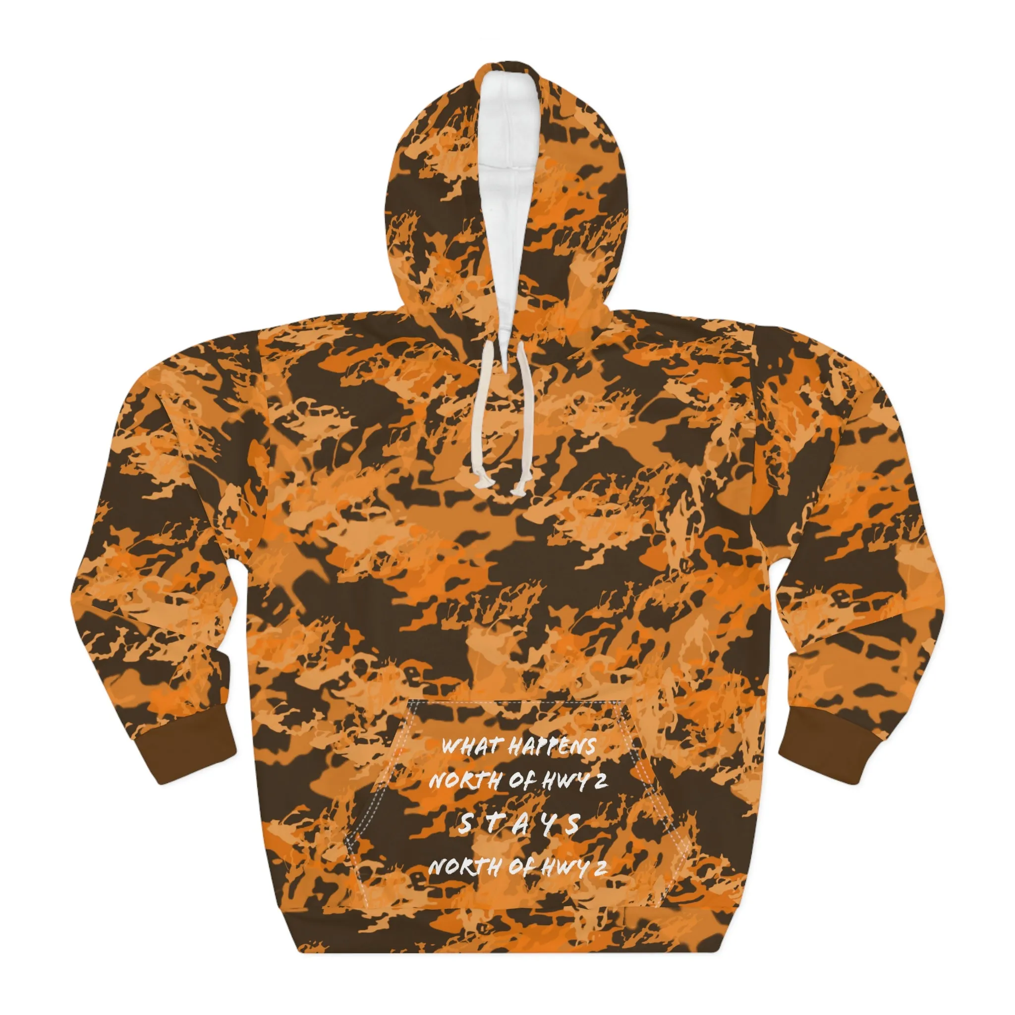 North of Hwy 2 - CUSTOM Vermilook® Dark Orange Camo - Camp Pocket - AOP Unisex Pullover Hoodie