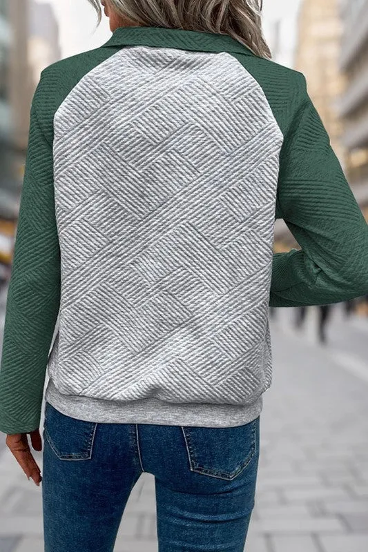 On the Daily - Green Textured Button Long Sleeve Sweatshirt