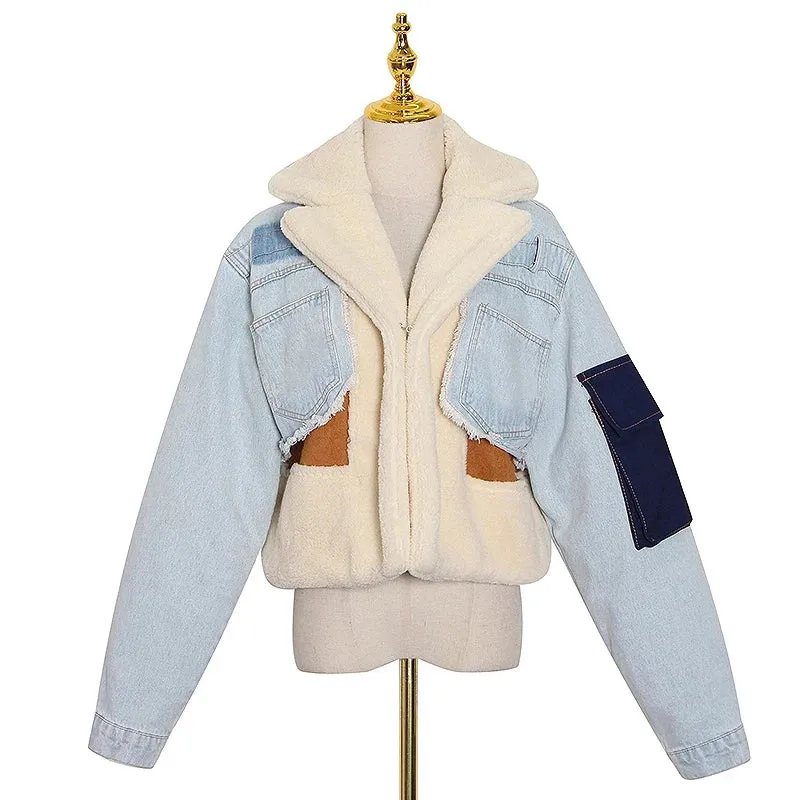 Patchwork Denim Jacket Women Long Sleeve lambswool Coat Tops Female Fashion Clothes Casual Winter