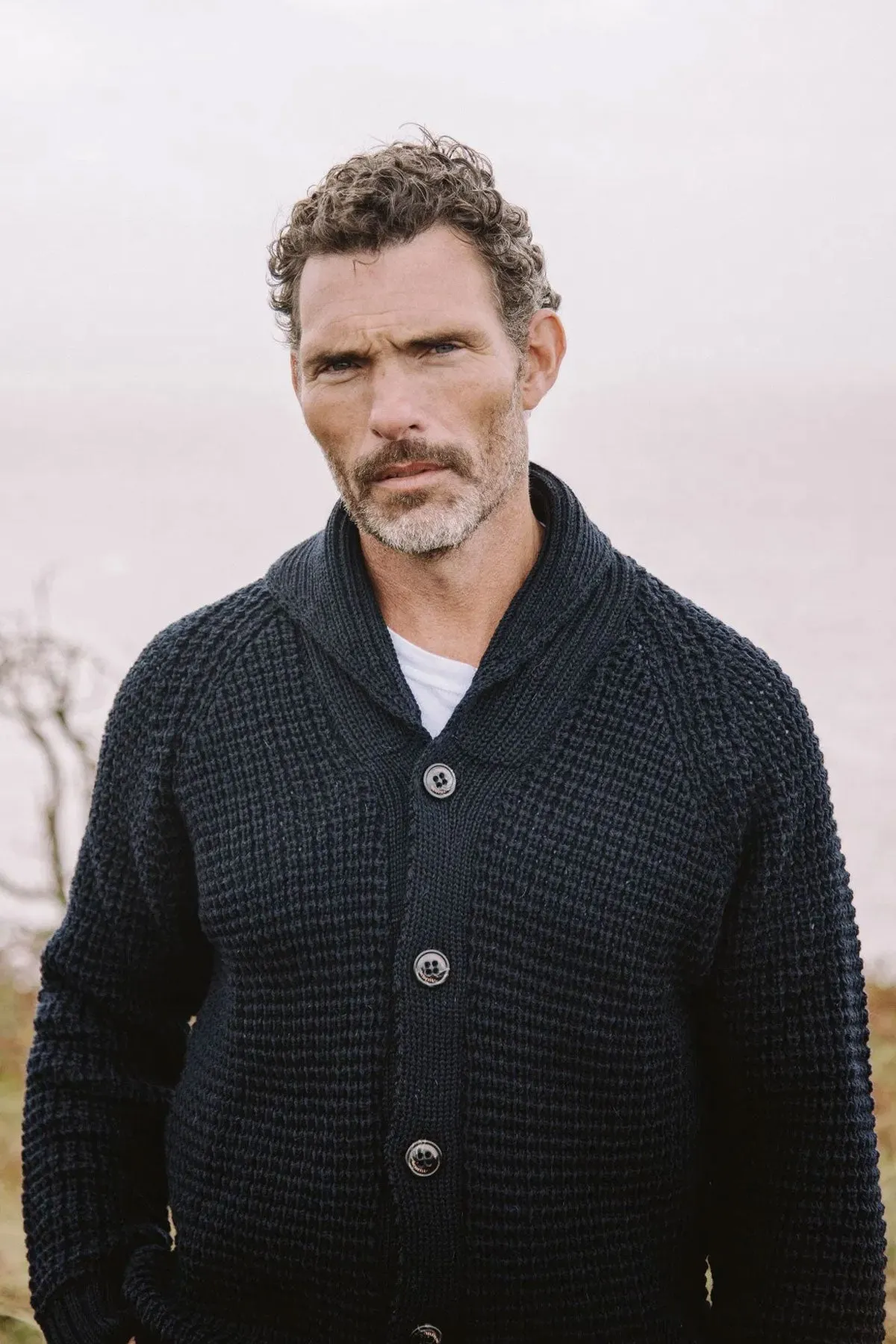 Peregrine - Waffle Shawl Cardigan in Navy