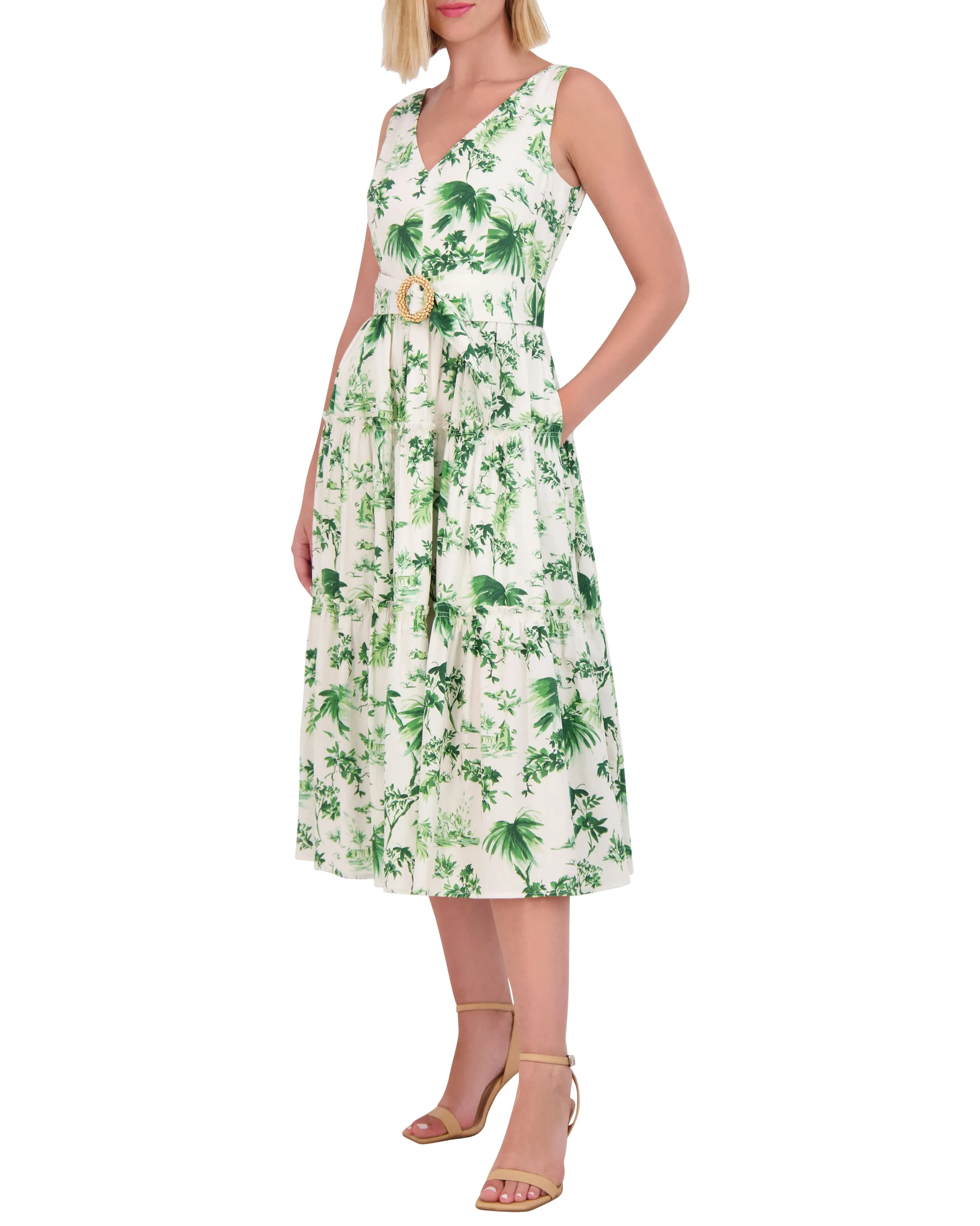 Petite Floral-Print Belted Tiered Dress