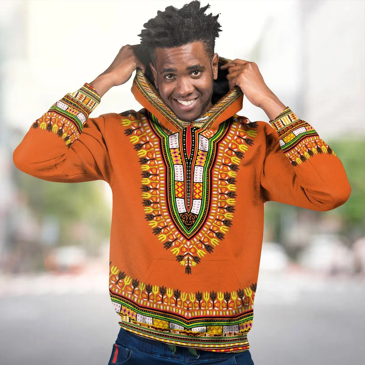 Printed Dashiki In Orange Premium Hoodie