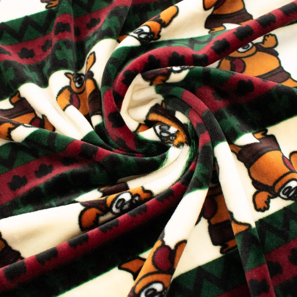 Printed Microfleece Ultra Wide 180cm Design-3 Bear on Green, Burgundy & Cream Stripes