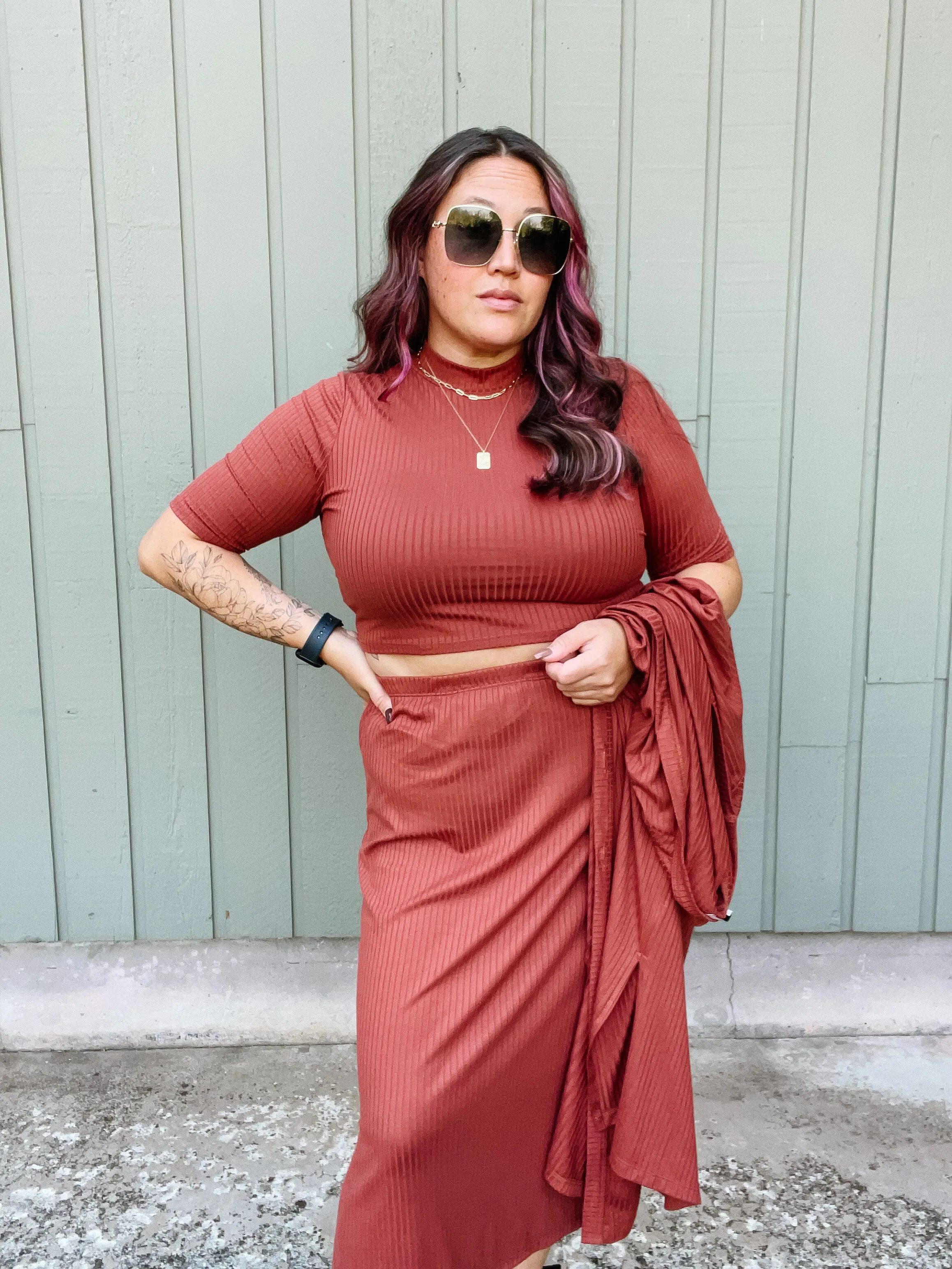 Pumpkin Spice Rib Knit Midi Skirt