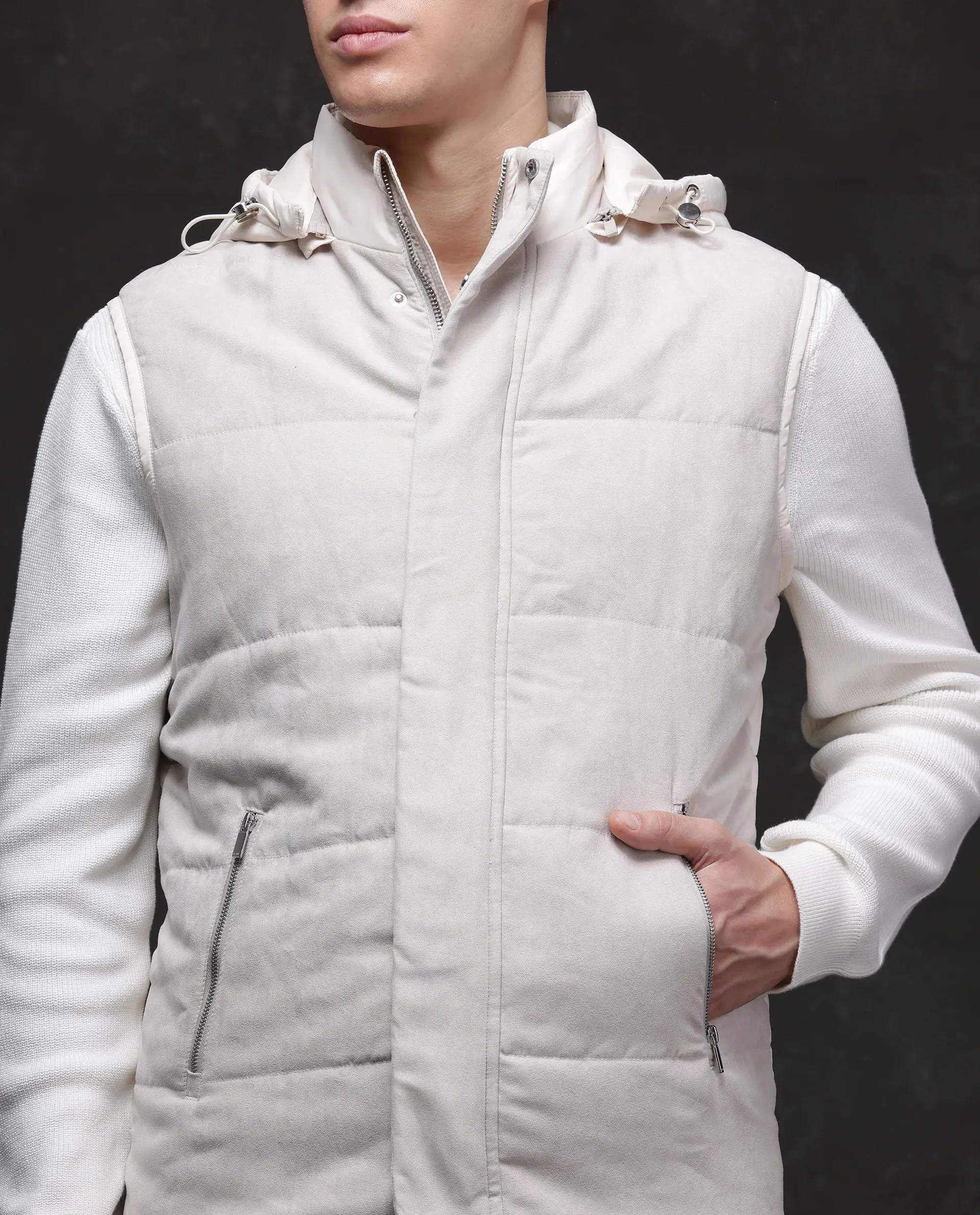 Rare Rabbit Men Raldo -2 Off White Polyester Fabric Sleeveless High Neck Button And Zip Closure Plain Jacket