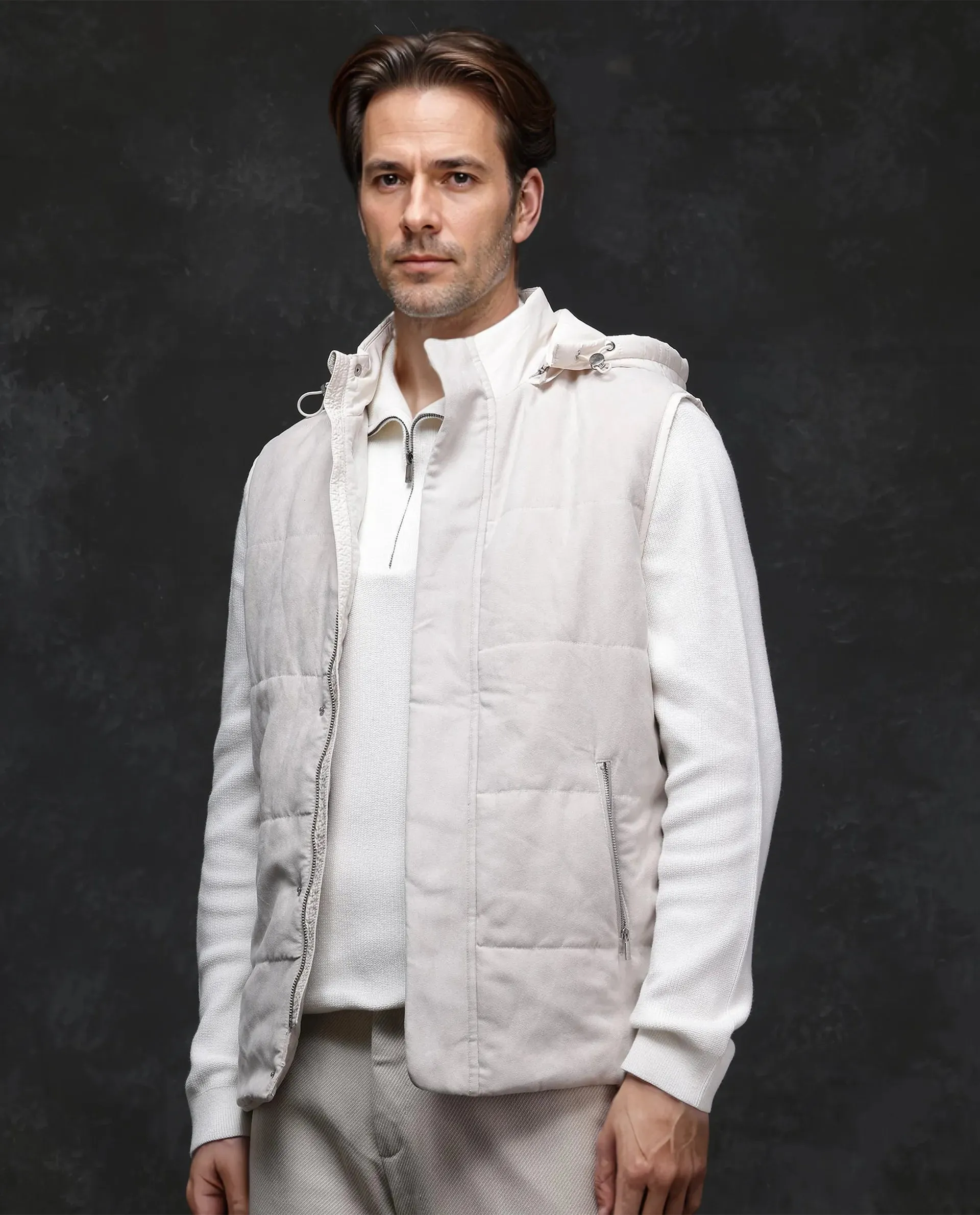 Rare Rabbit Men Raldo -2 Off White Polyester Fabric Sleeveless High Neck Button And Zip Closure Plain Jacket