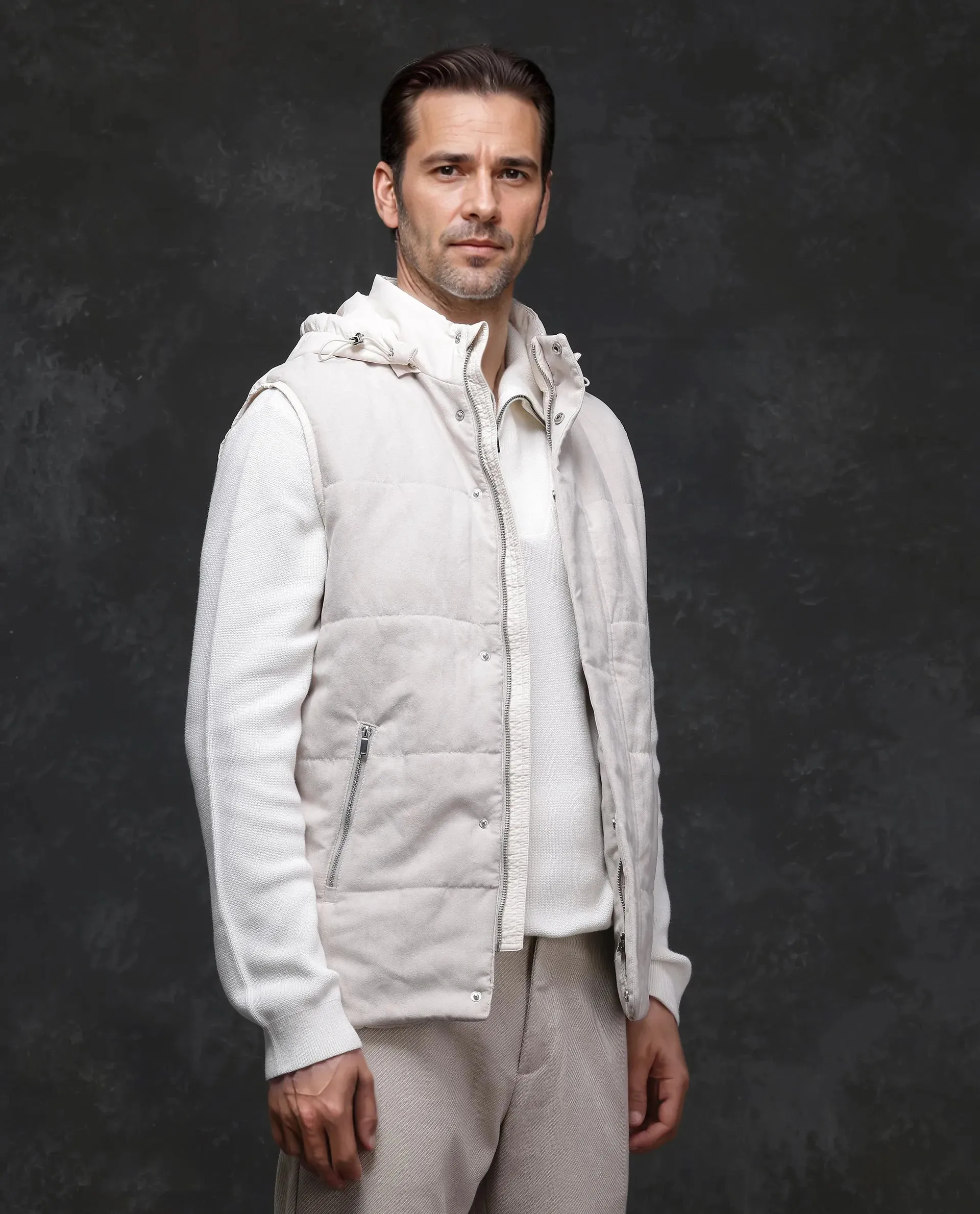 Rare Rabbit Men Raldo -2 Off White Polyester Fabric Sleeveless High Neck Button And Zip Closure Plain Jacket