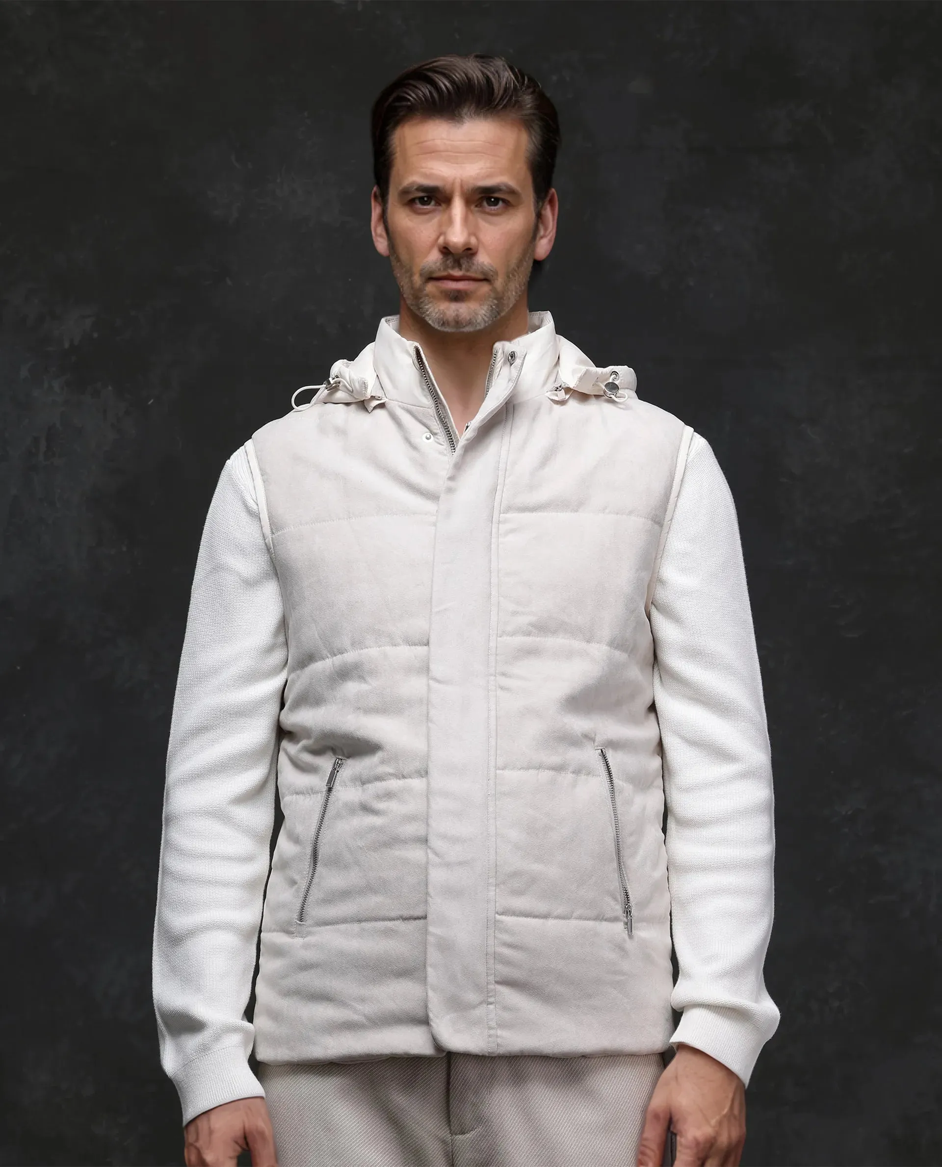 Rare Rabbit Men Raldo -2 Off White Polyester Fabric Sleeveless High Neck Button And Zip Closure Plain Jacket