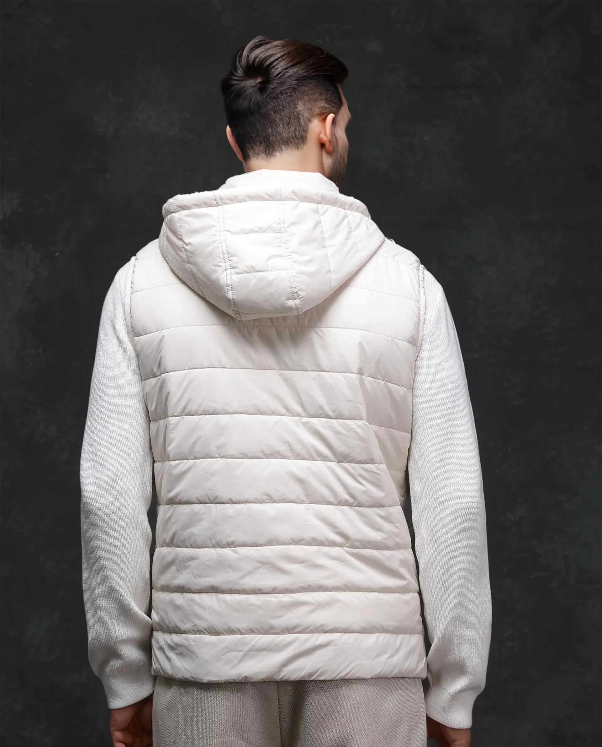 Rare Rabbit Men Raldo -2 Off White Polyester Fabric Sleeveless High Neck Button And Zip Closure Plain Jacket