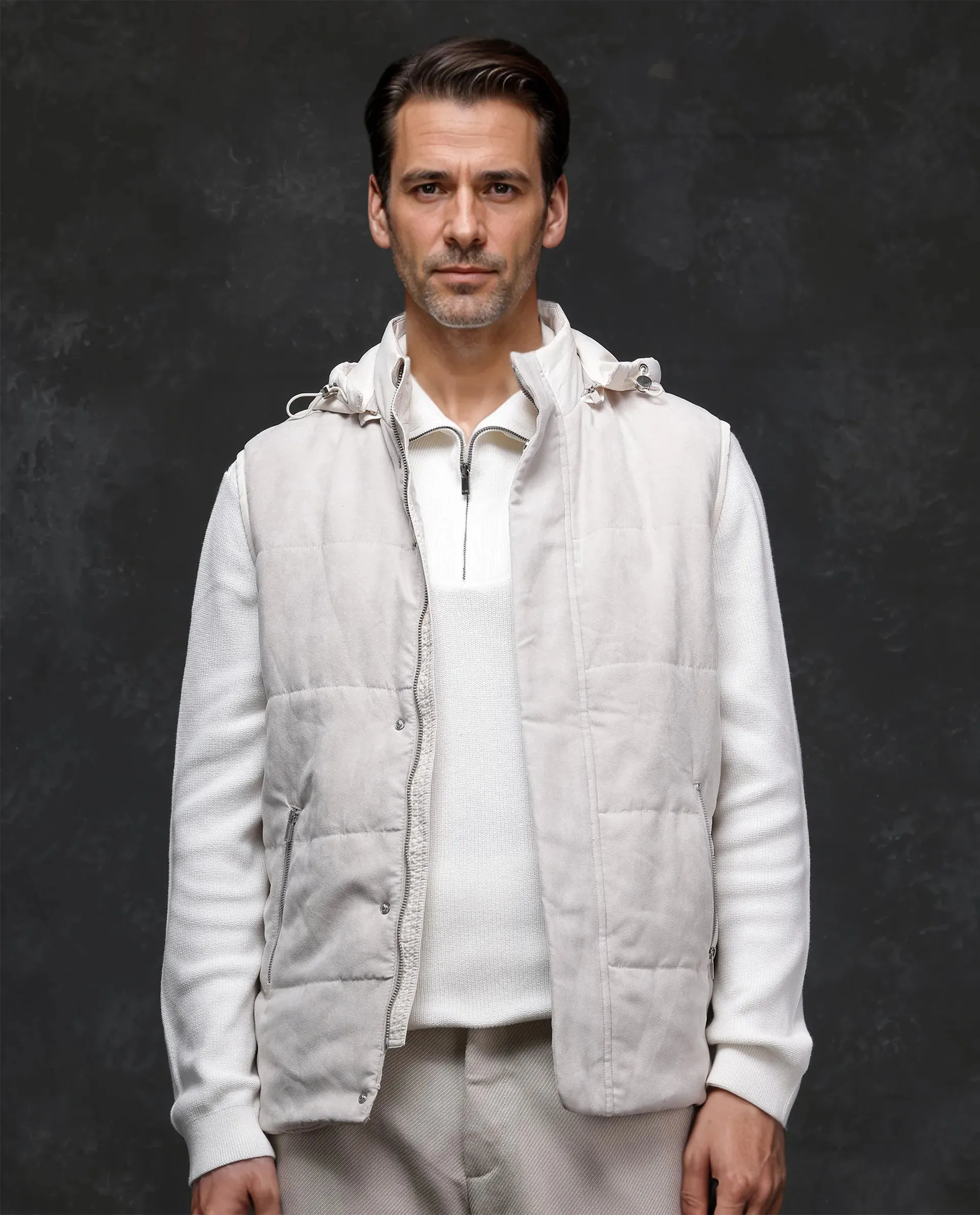 Rare Rabbit Men Raldo -2 Off White Polyester Fabric Sleeveless High Neck Button And Zip Closure Plain Jacket