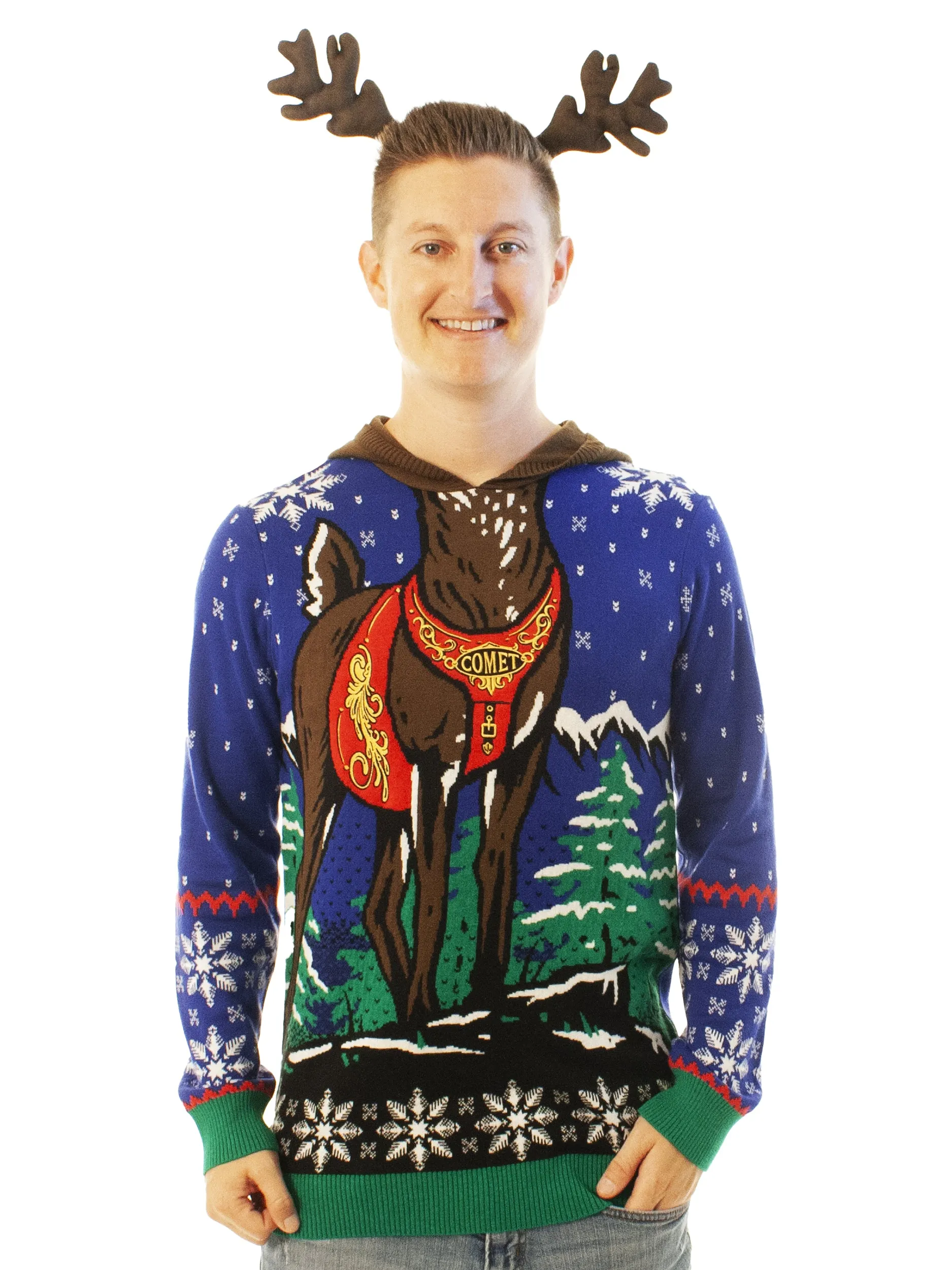 Reindeer Hoodie Blue | Ugly Christmas Sweater For Men & Women | Unisex Sizing