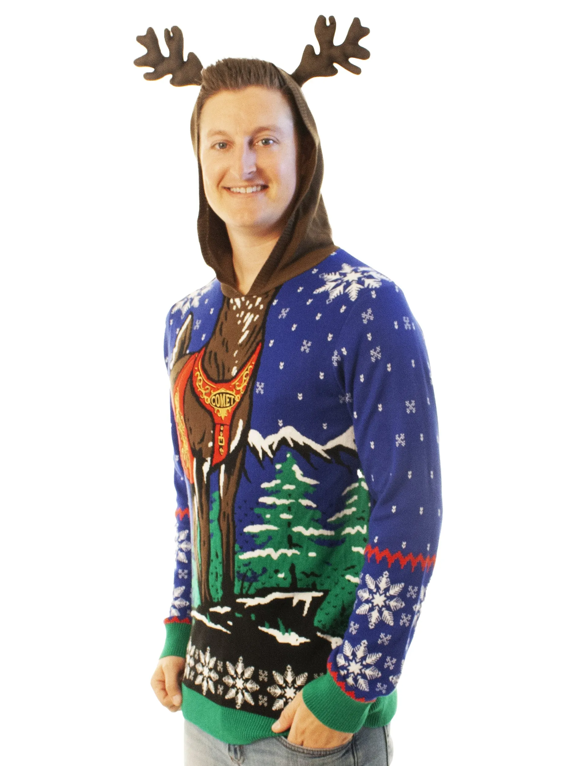 Reindeer Hoodie Blue | Ugly Christmas Sweater For Men & Women | Unisex Sizing