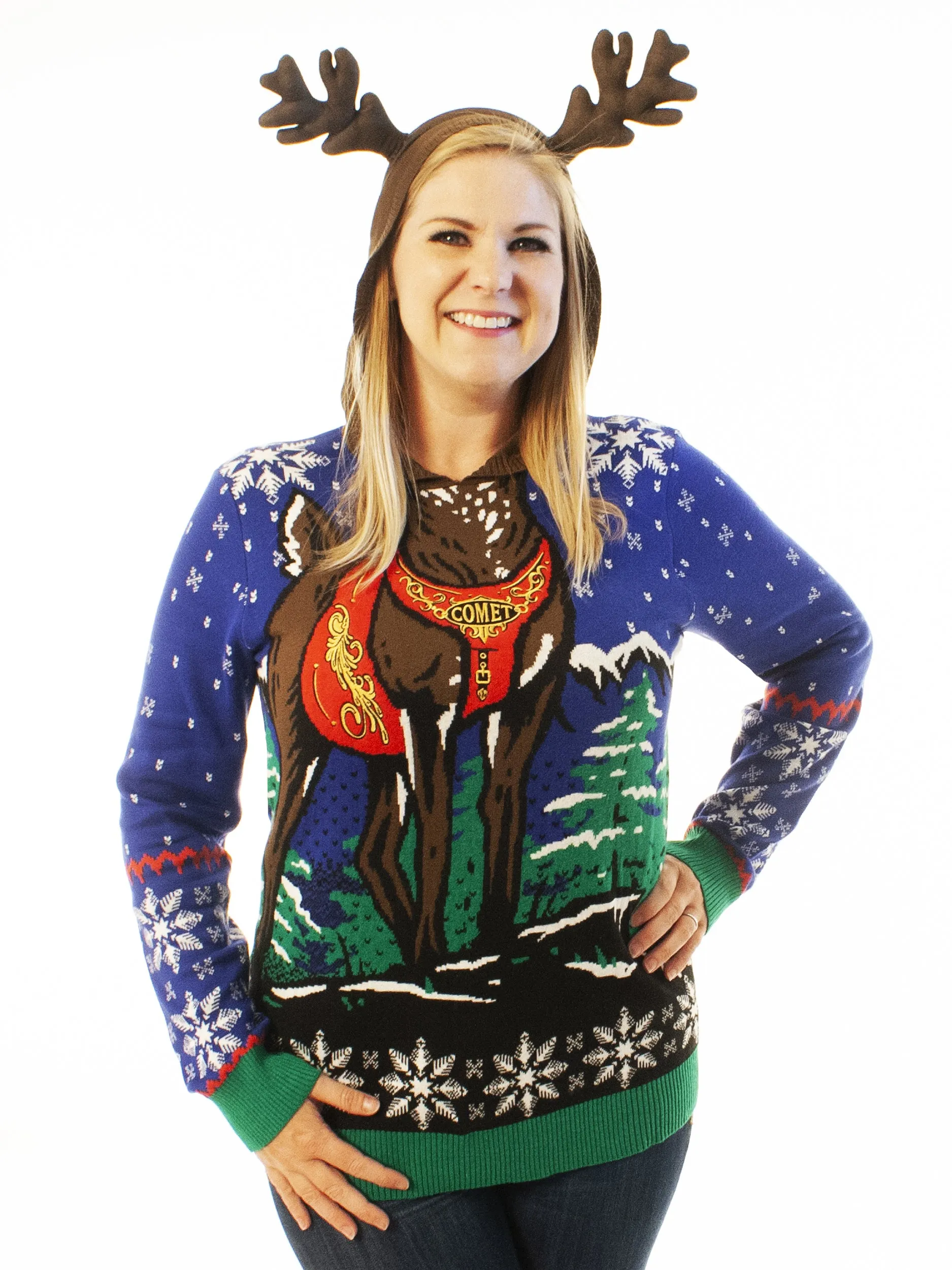 Reindeer Hoodie Blue | Ugly Christmas Sweater For Men & Women | Unisex Sizing