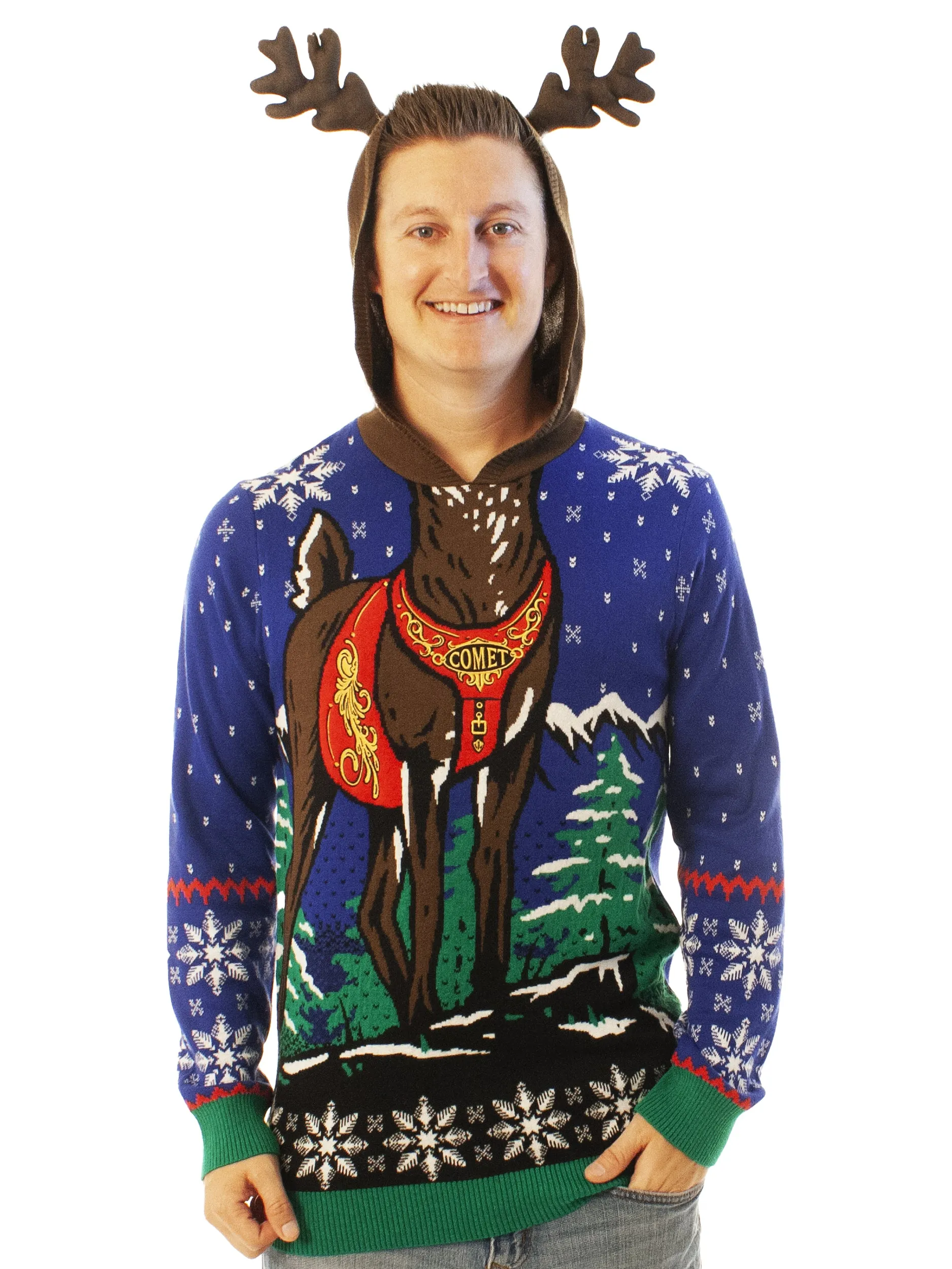 Reindeer Hoodie Blue | Ugly Christmas Sweater For Men & Women | Unisex Sizing