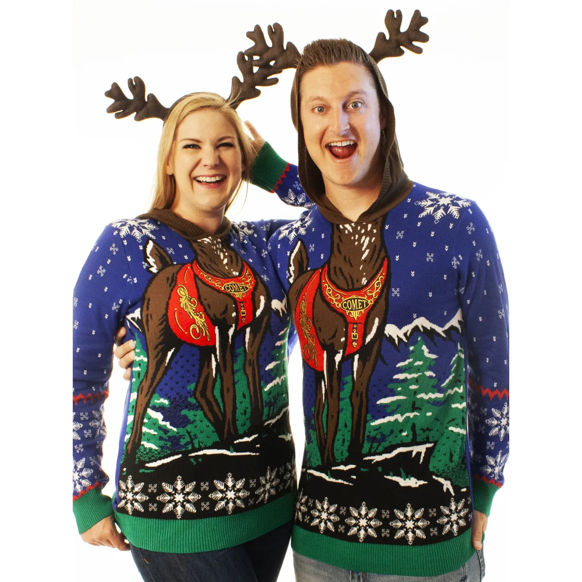 Reindeer Hoodie Blue | Ugly Christmas Sweater For Men & Women | Unisex Sizing