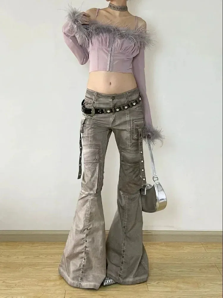 Retro Cargo Flared Jeans Women Pocket Low Waist Denim Pants