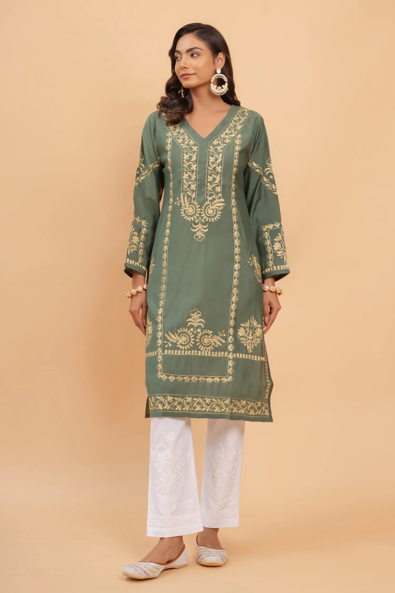 Saba Gold Zari Work Long Kurta In Muslin - Bottle Green