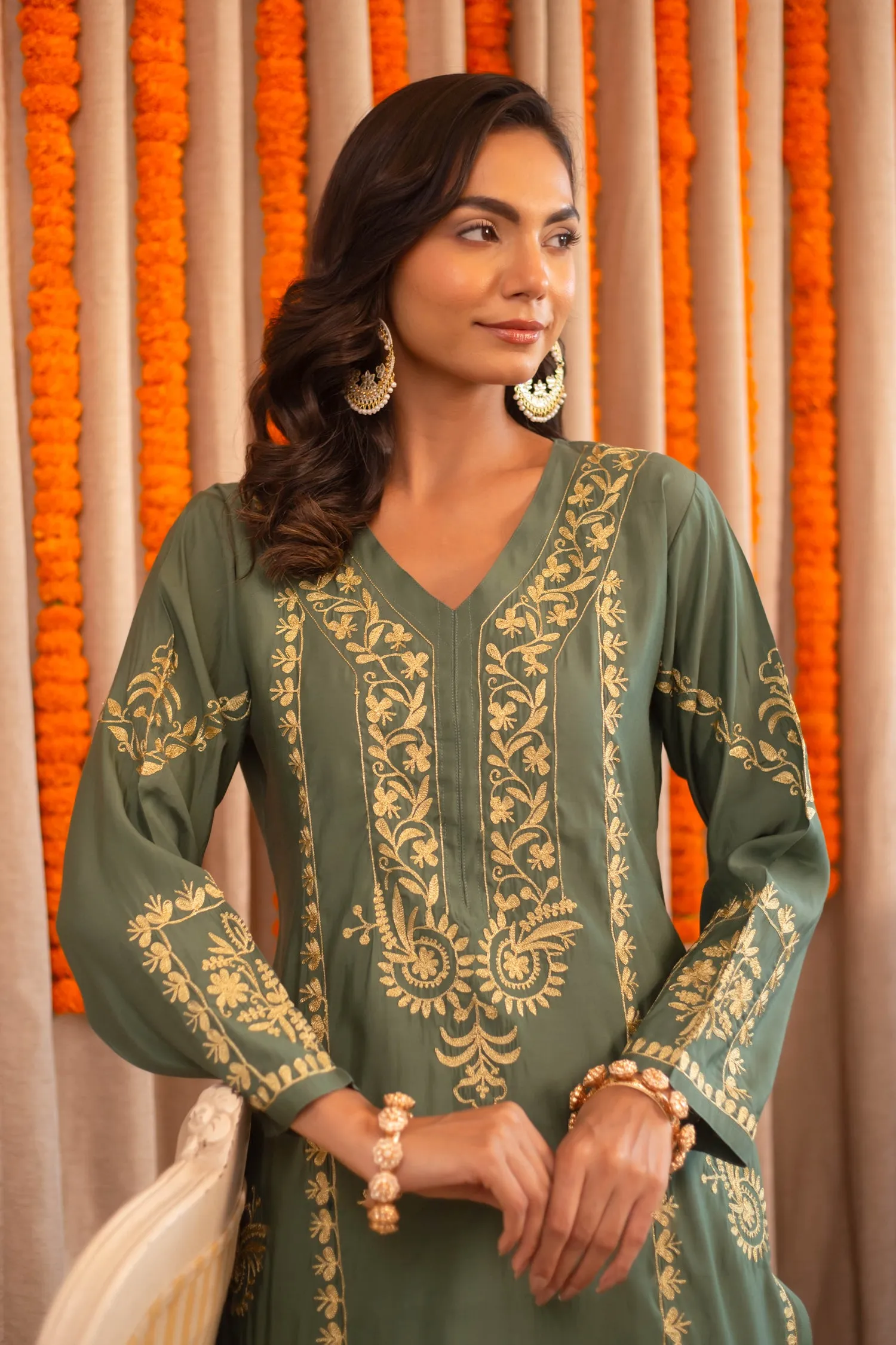 Saba Gold Zari Work Long Kurta In Muslin - Bottle Green