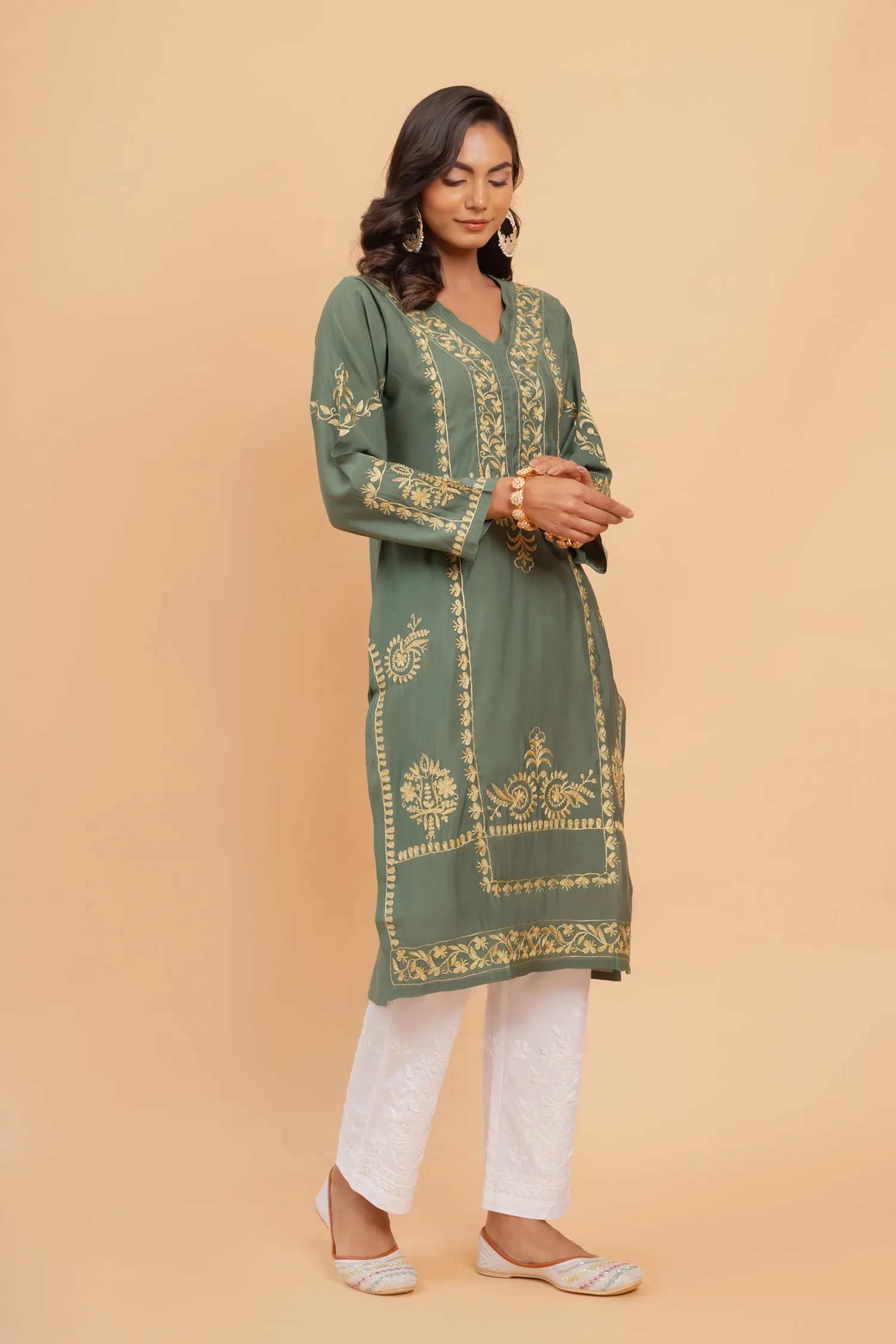 Saba Gold Zari Work Long Kurta In Muslin - Bottle Green