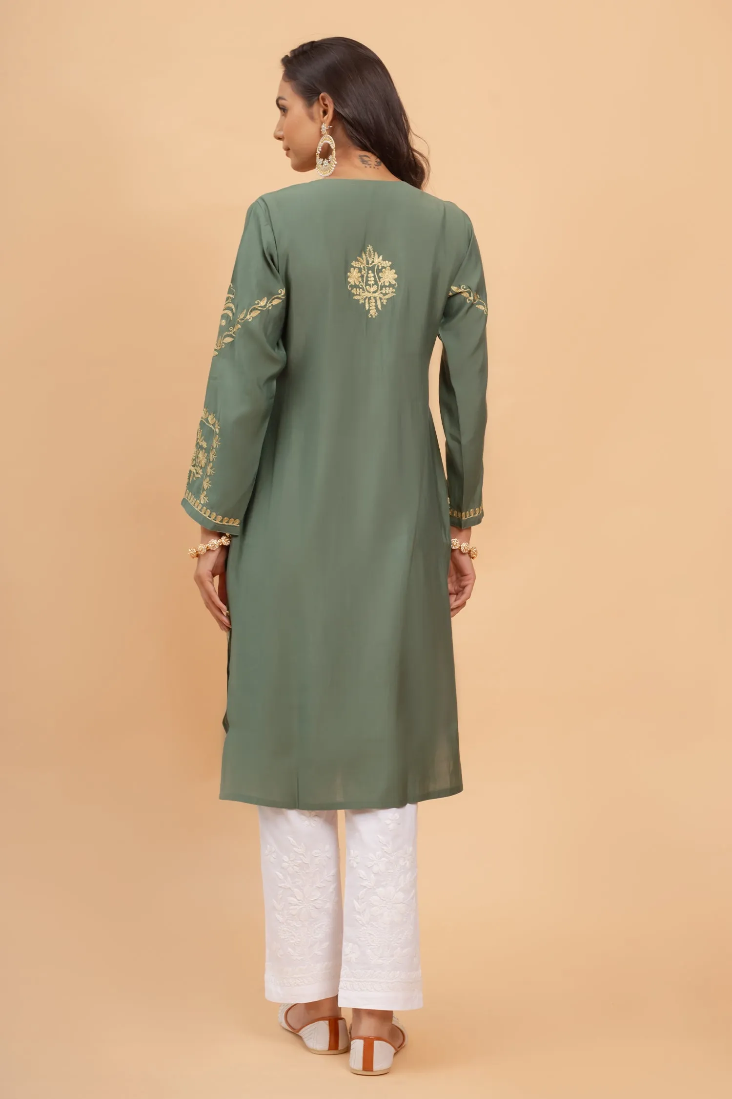 Saba Gold Zari Work Long Kurta In Muslin - Bottle Green