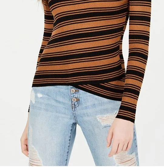 Say What Junior's Striped Crossover Hem Mock Neck Sweater Stripe Black Size X-Large