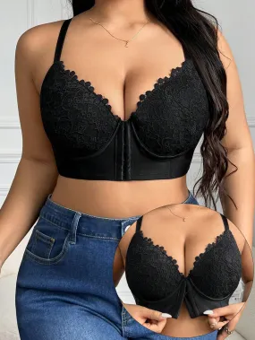 Sexy Romantic Casual Comfortable Front-Open Lace Plus Size Bra, Prevent Sagging And Support Breast, Adjustable 1pc