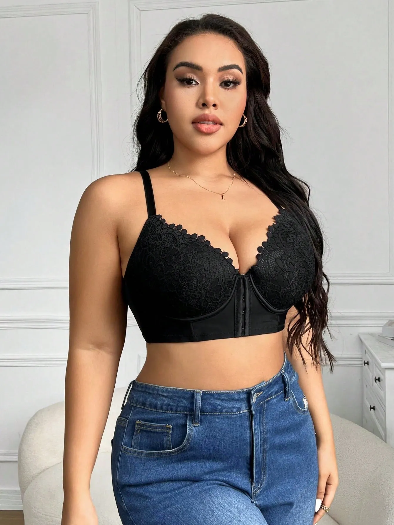 Sexy Romantic Casual Comfortable Front-Open Lace Plus Size Bra, Prevent Sagging And Support Breast, Adjustable 1pc