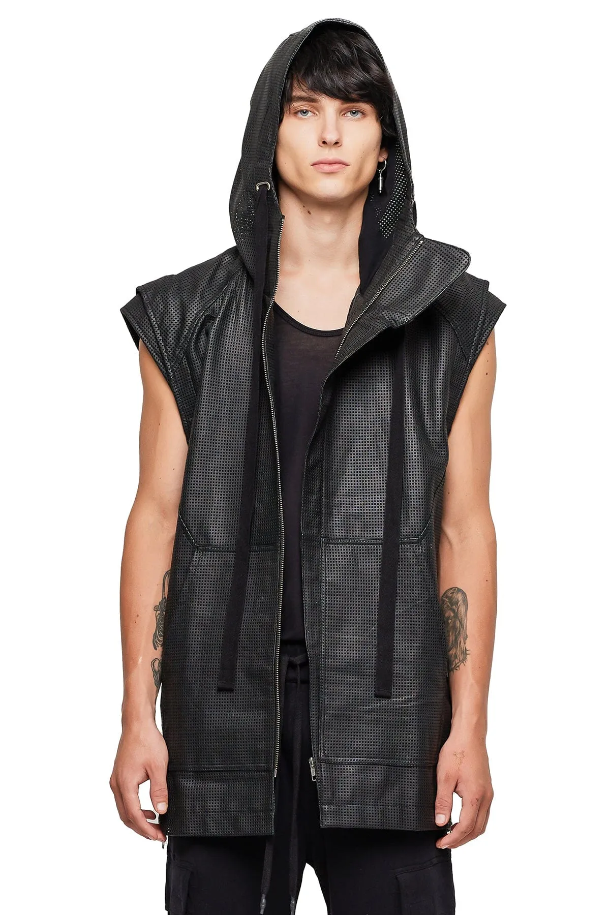 SLEEVELESS LONG LEATHER HOODIE IN BLACK