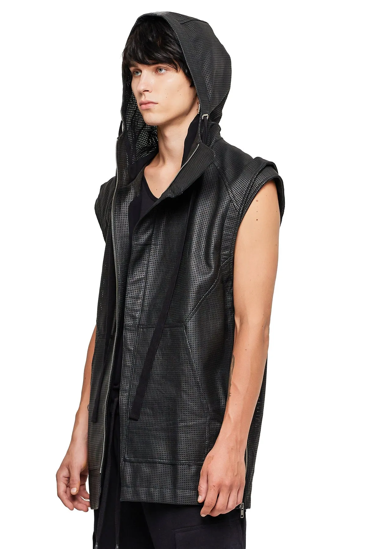 SLEEVELESS LONG LEATHER HOODIE IN BLACK