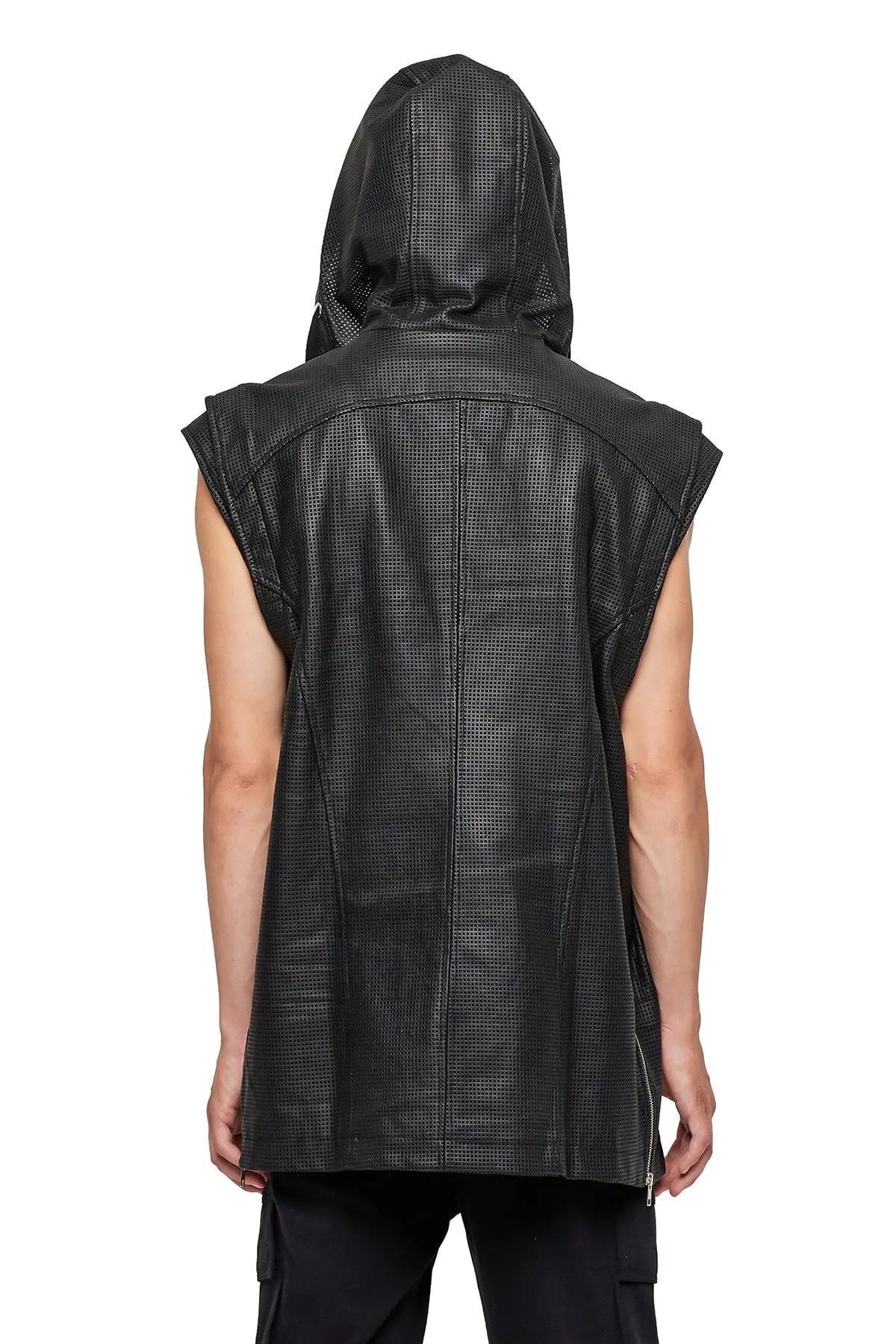 SLEEVELESS LONG LEATHER HOODIE IN BLACK