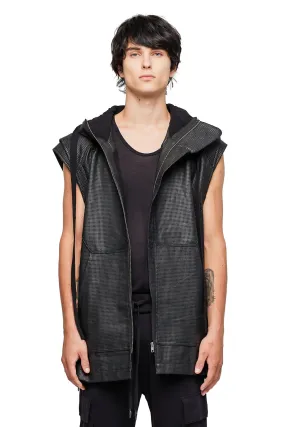 SLEEVELESS LONG LEATHER HOODIE IN BLACK