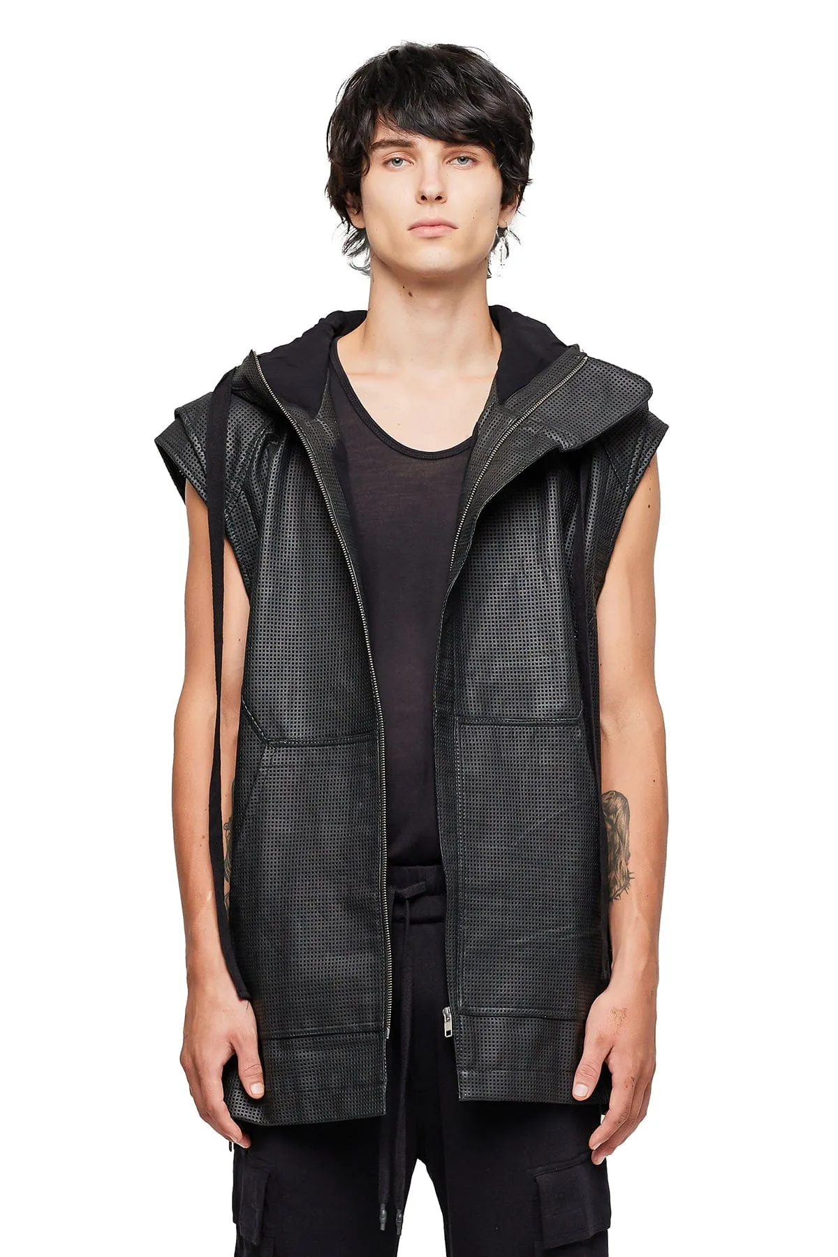 SLEEVELESS LONG LEATHER HOODIE IN BLACK