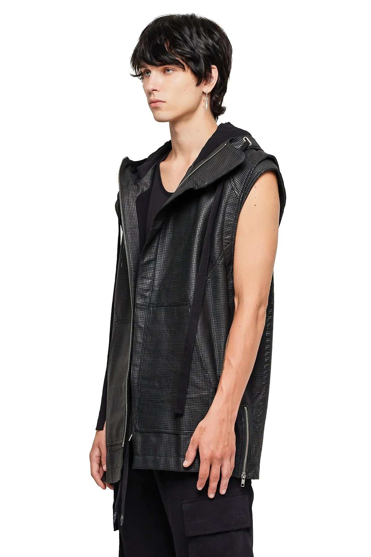 SLEEVELESS LONG LEATHER HOODIE IN BLACK