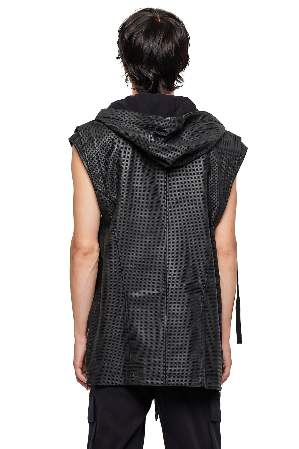 SLEEVELESS LONG LEATHER HOODIE IN BLACK