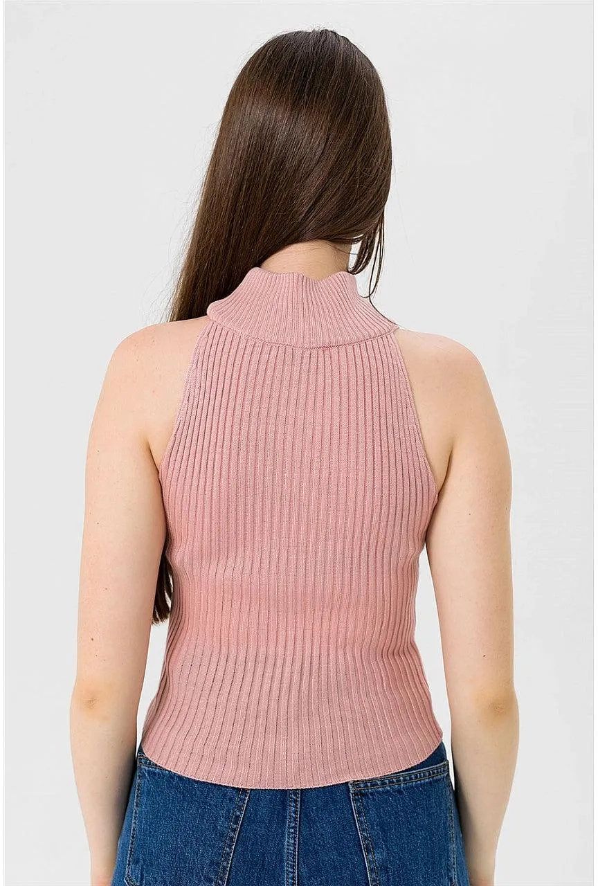 Sleeveless Mock Turtleneck Ribbed Knit Tank Top -  Powder Color | Slim Fit Crop Top for Stylish Layering