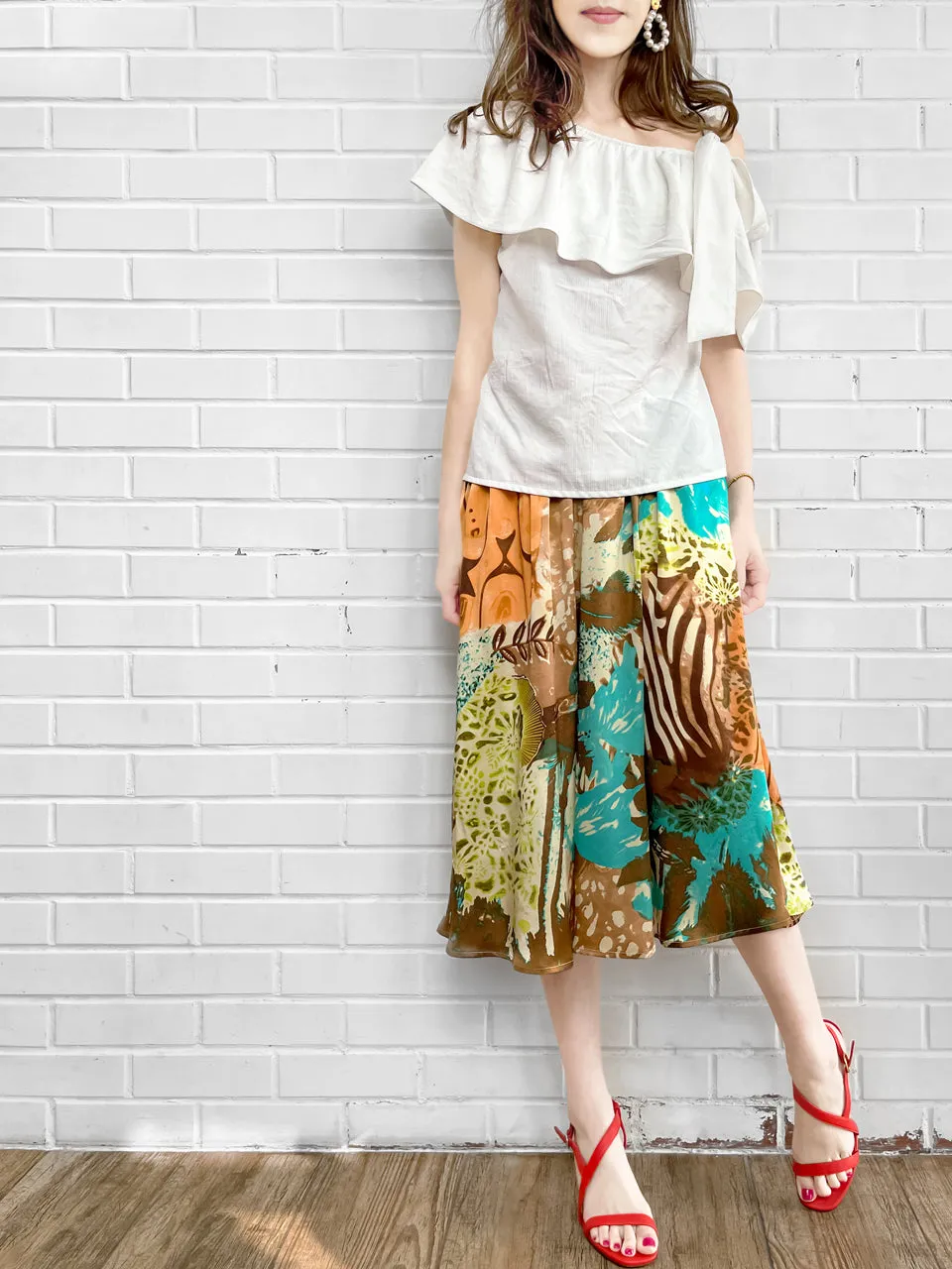 Surprise Sale! Elegant Summer Jungle Paperbag Waist Midi Silky Skirt