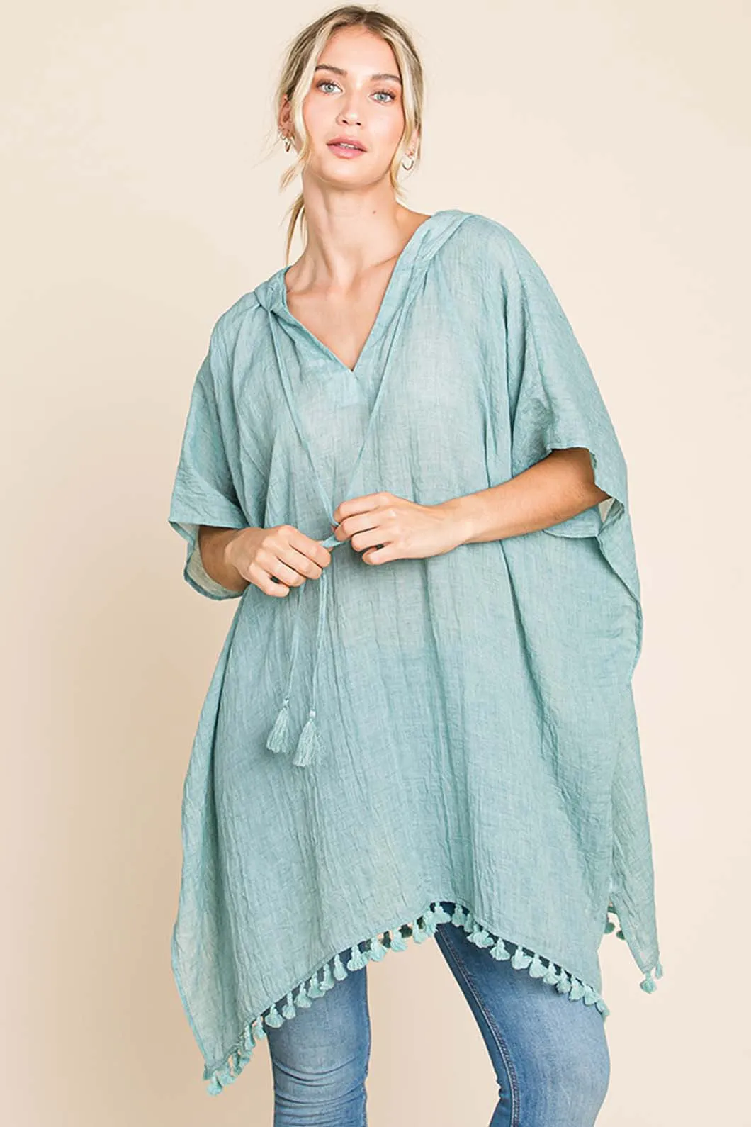 Tassel Hem Hooded Cover Up