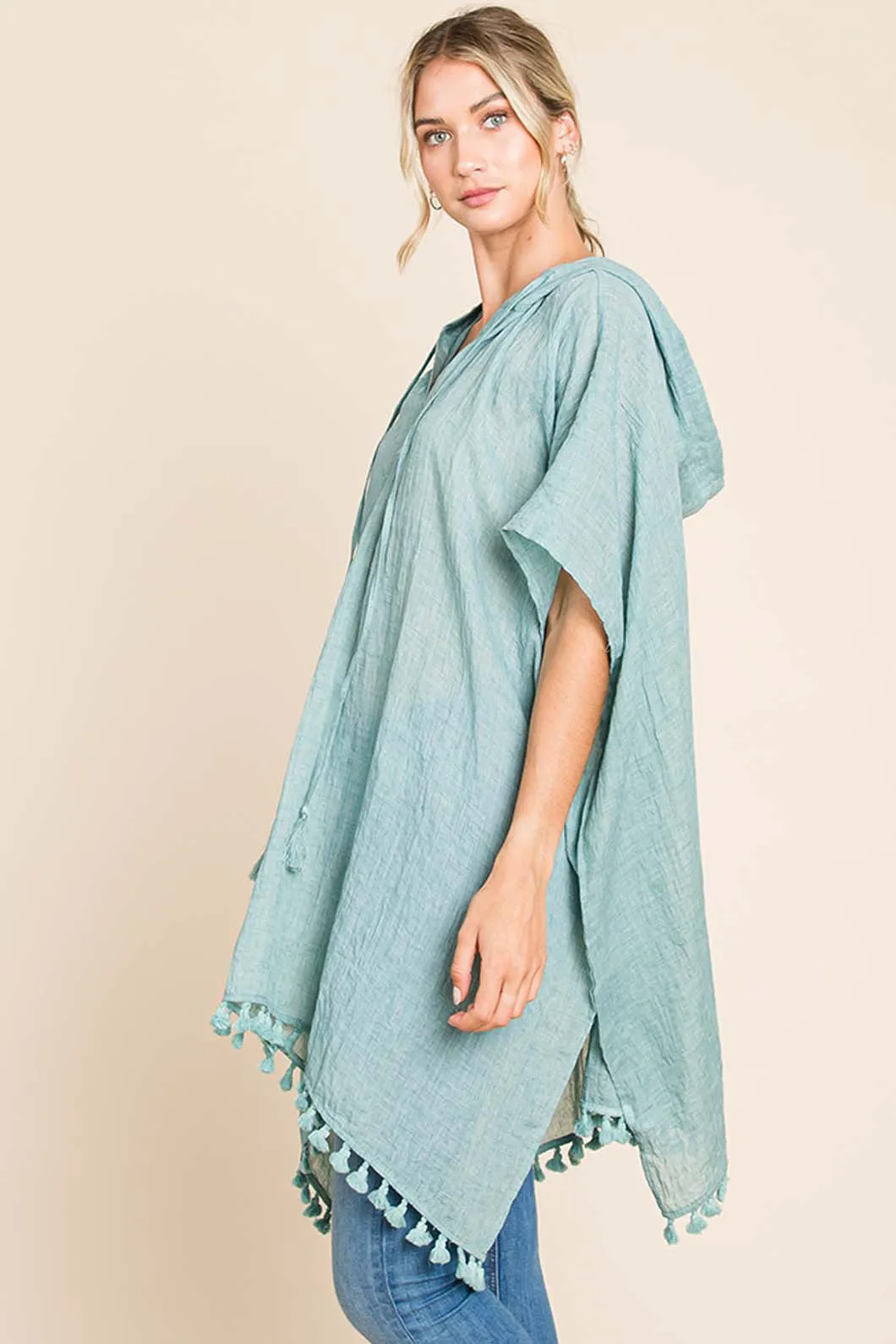 Tassel Hem Hooded Cover Up