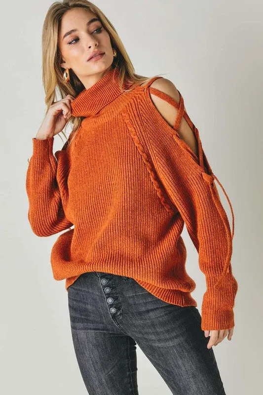 TEEK - Solid Turtleneck Cutout Long Sleeve Sweater