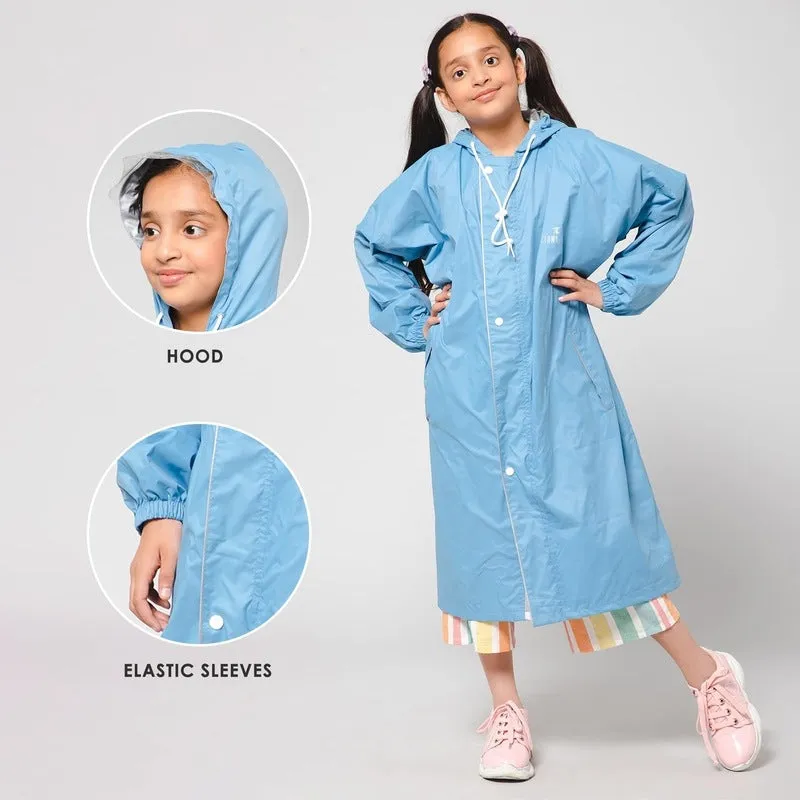 THE CLOWNFISH Cloud Chaser Series Kids Raincoat Waterproof Polyester Double Coating Reversible Longcoat with Hood and Reflector Logo at Back. Printed Plastic Pouch. Kid Age-11-12 years (Skyblue)