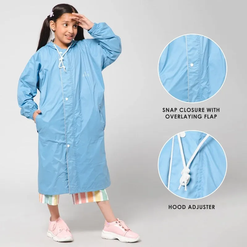 THE CLOWNFISH Cloud Chaser Series Kids Raincoat Waterproof Polyester Double Coating Reversible Longcoat with Hood and Reflector Logo at Back. Printed Plastic Pouch. Kid Age-13-14 years (Skyblue)