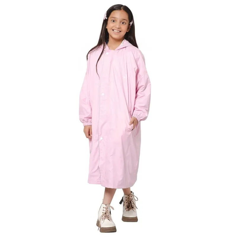 THE CLOWNFISH Cloud Chaser Series Kids Raincoat Waterproof Polyester Double Coating Reversible Longcoat with Hood and Reflector Logo at Back. Printed Plastic Pouch. Kid Age-7-8 years (Blush Pink)