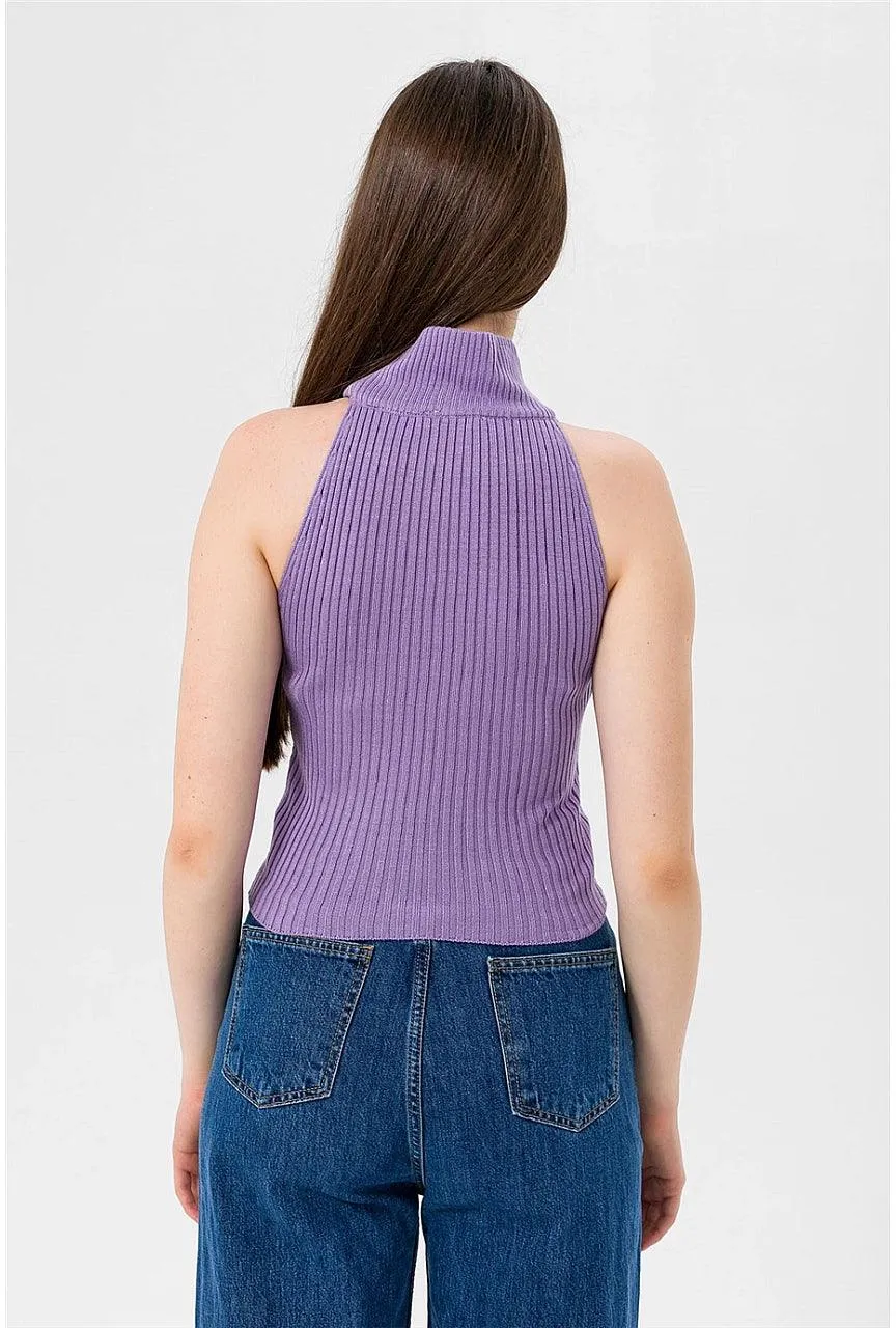 Turtleneck Sleeveless Knitted Sweater - Lilac Purple | Women's Cozy Knitwear