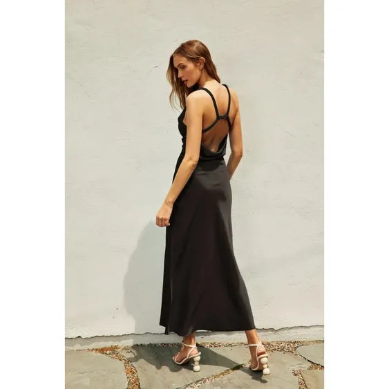 Twist Cowl Back Satin Maxi Dress | Black