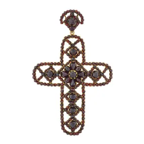 Victorian Large Brass & Bohemian Garnet Filigree Cross Pendant