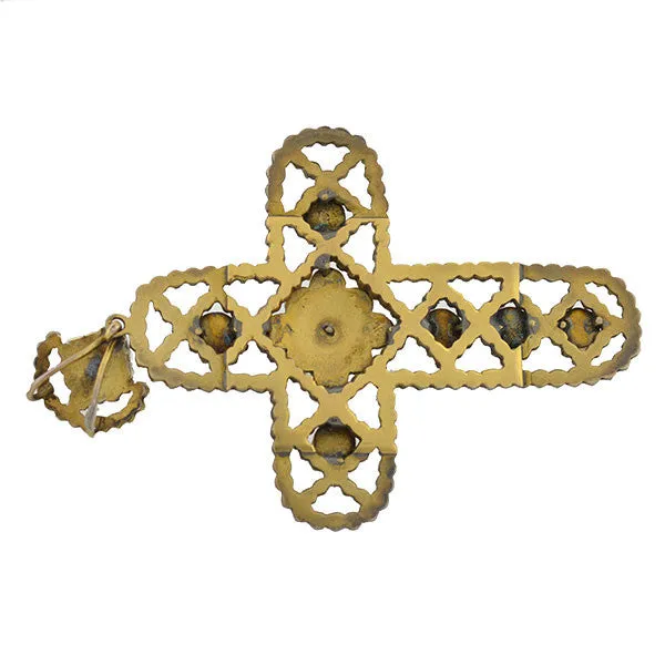 Victorian Large Brass & Bohemian Garnet Filigree Cross Pendant