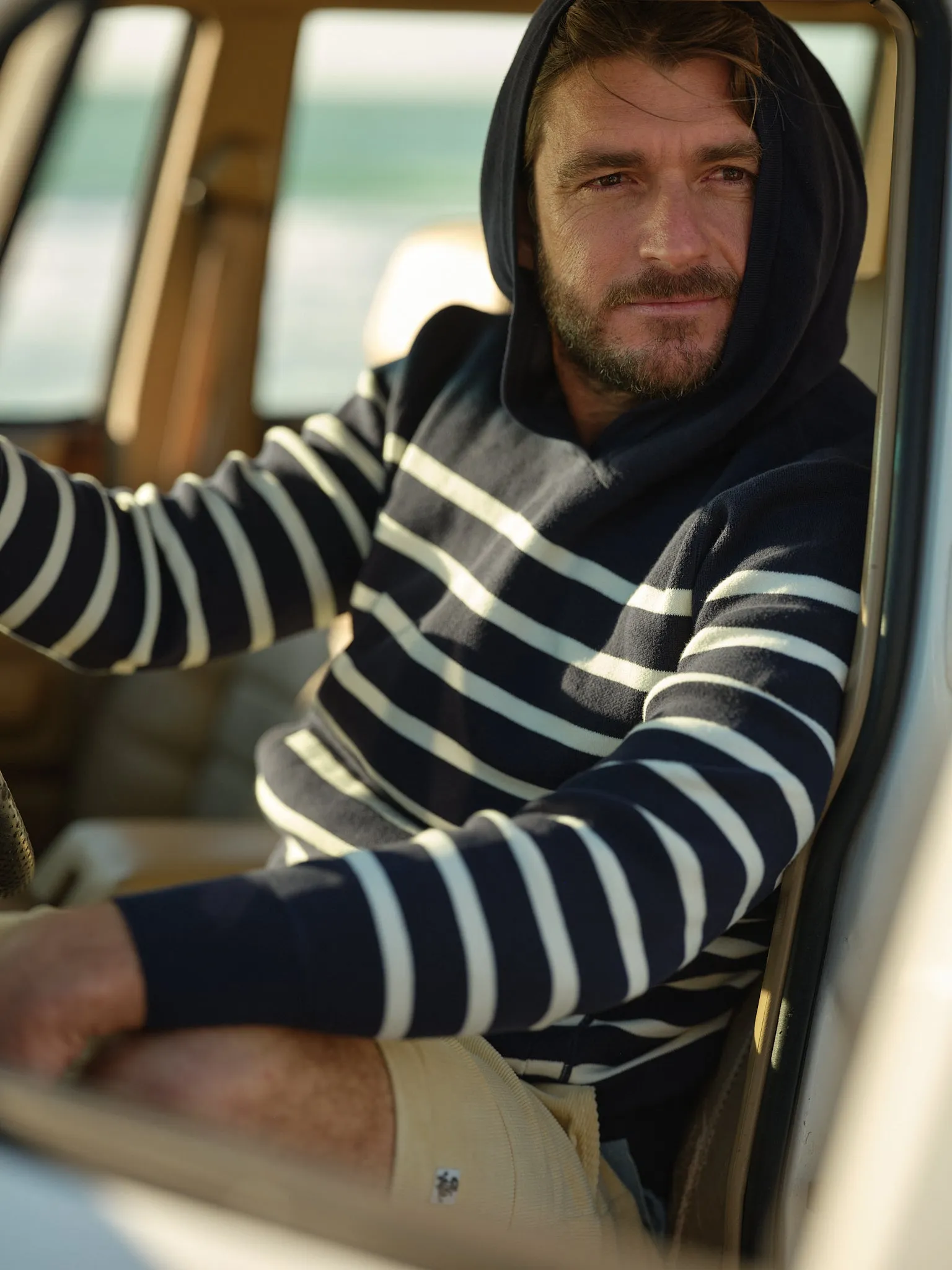 Wharf Knit Hoodie in Navy/White Stripe